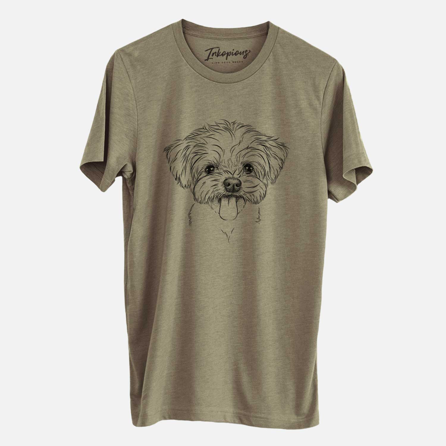 Hand-drawn sketch of Mochi the Maltese on an Olive Unisex crewneck