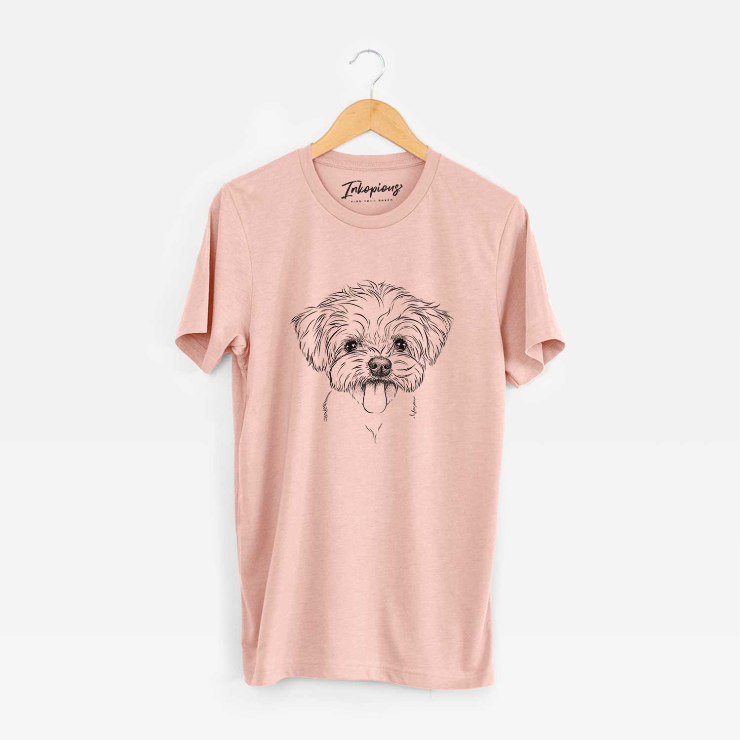 Hand-drawn sketch of Mochi the Maltese on a Peach Unisex crewneck