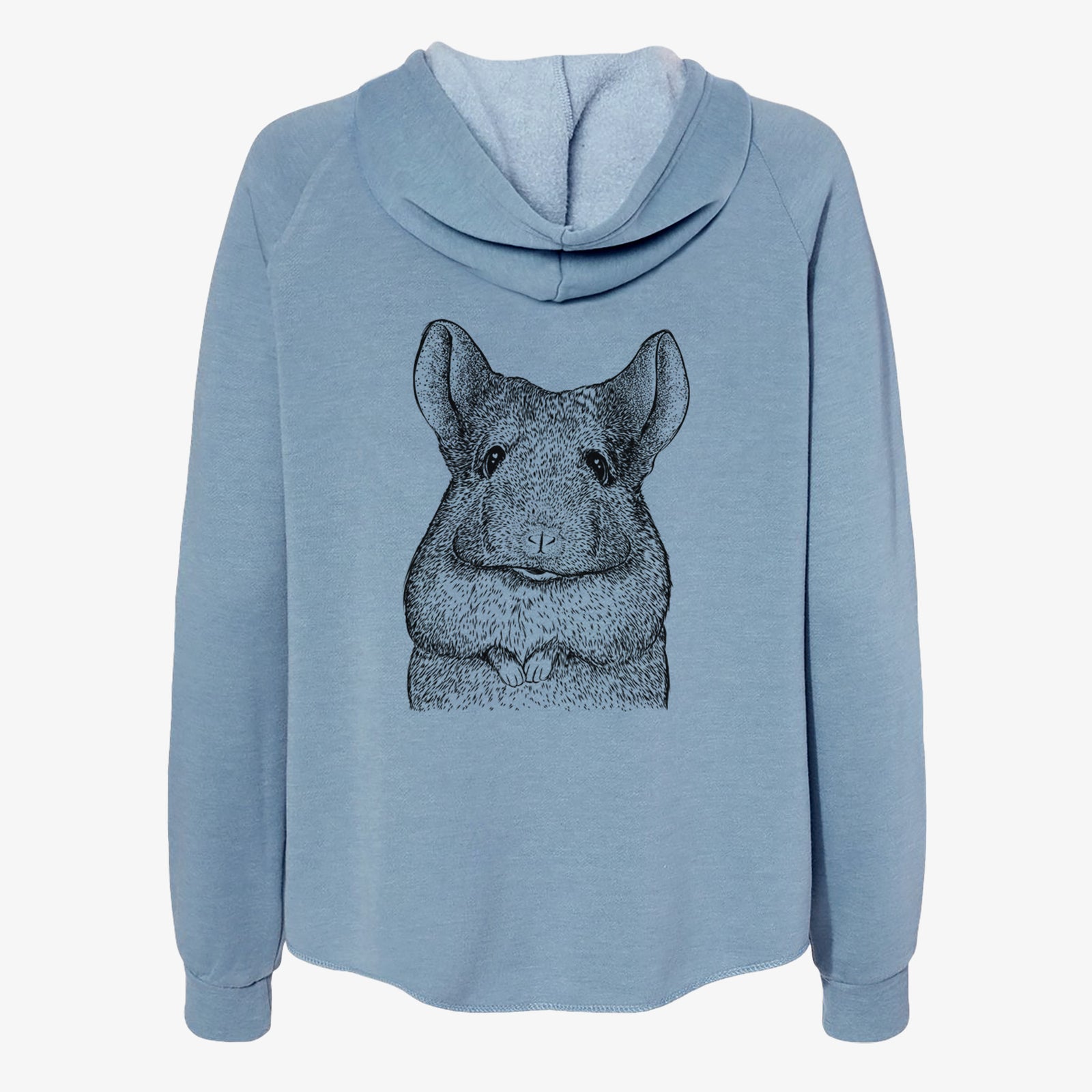 Hand-drawn sketch of Mojo the Chinchilla on a Misty Blue Women's cali wave zip-up sweatshirt