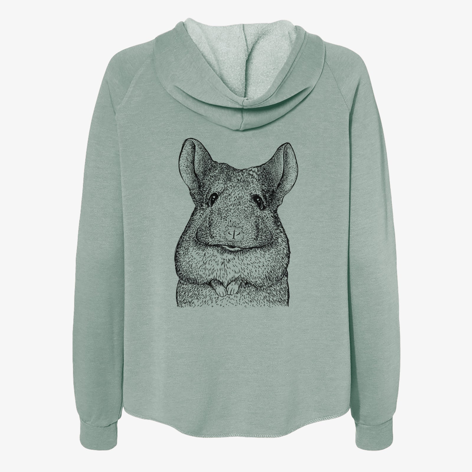 Hand-drawn sketch of Mojo the Chinchilla on a Sage Women's cali wave zip-up sweatshirt