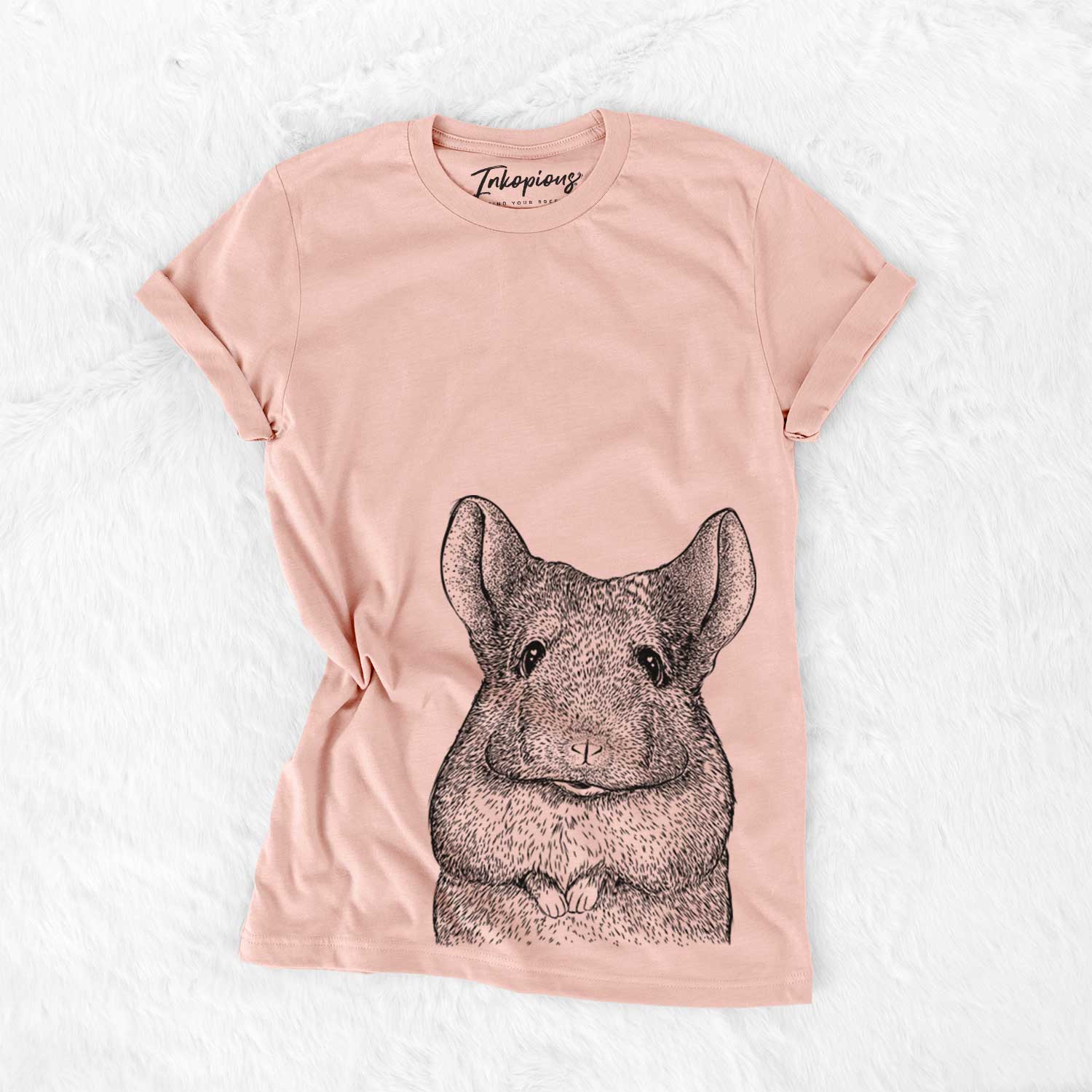Hand-drawn sketch of Mojo the Chinchilla on a Peach Bella Canvas Unisex Crewneck