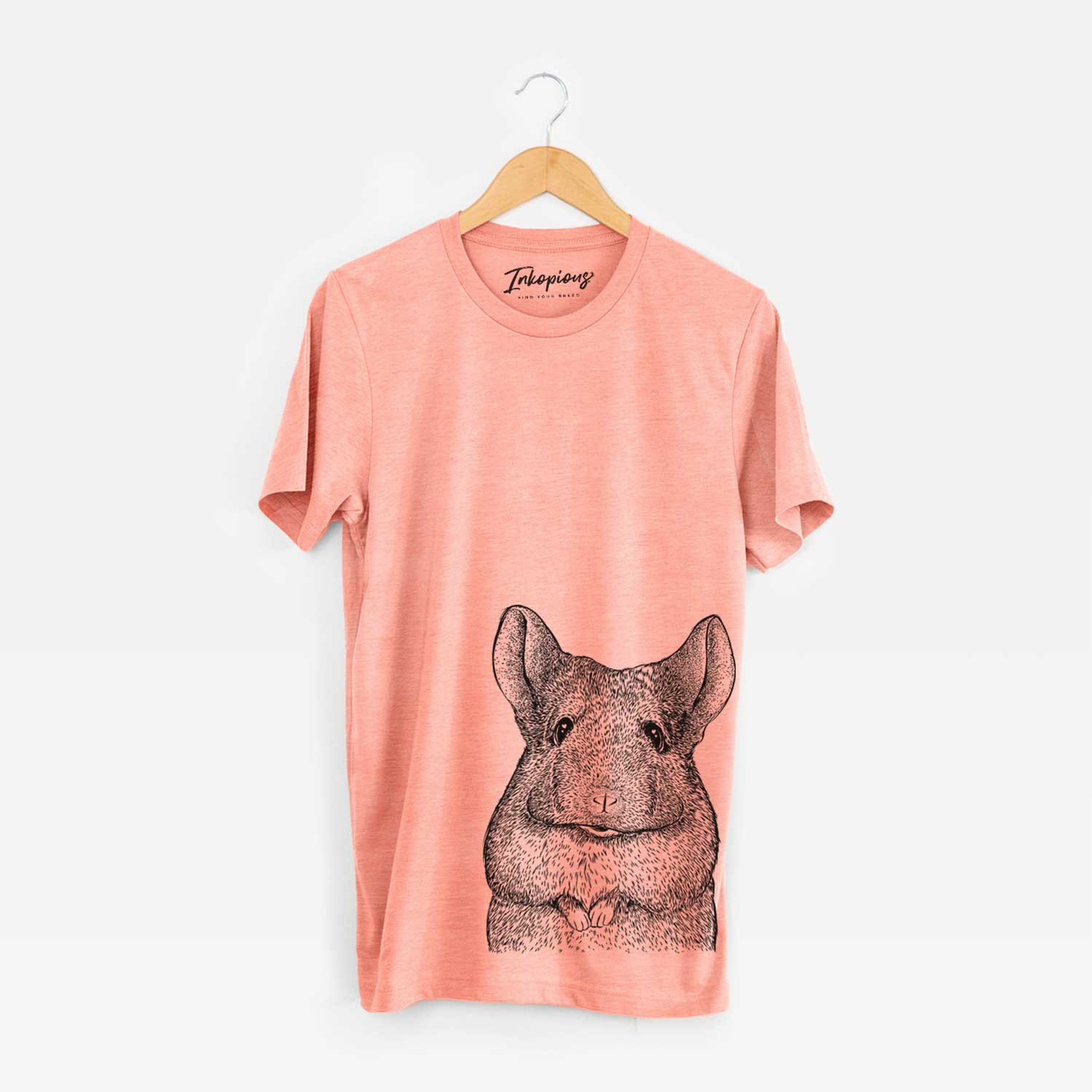 Hand-drawn sketch of Mojo the Chinchilla on a Sunset Bella Canvas Unisex Crewneck