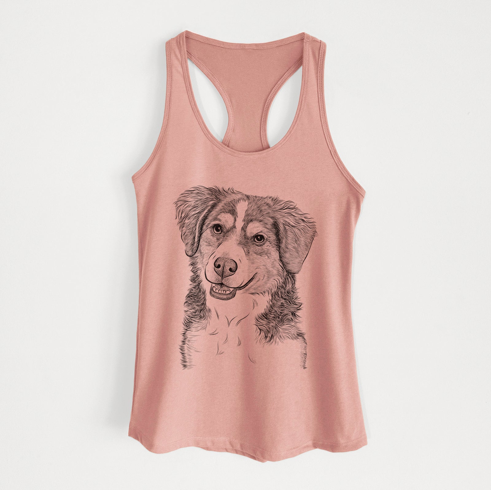 Hand-drawn sketch of Molly the Miniature Bernedoodle on a Desert Pink Women's racerback tanktop