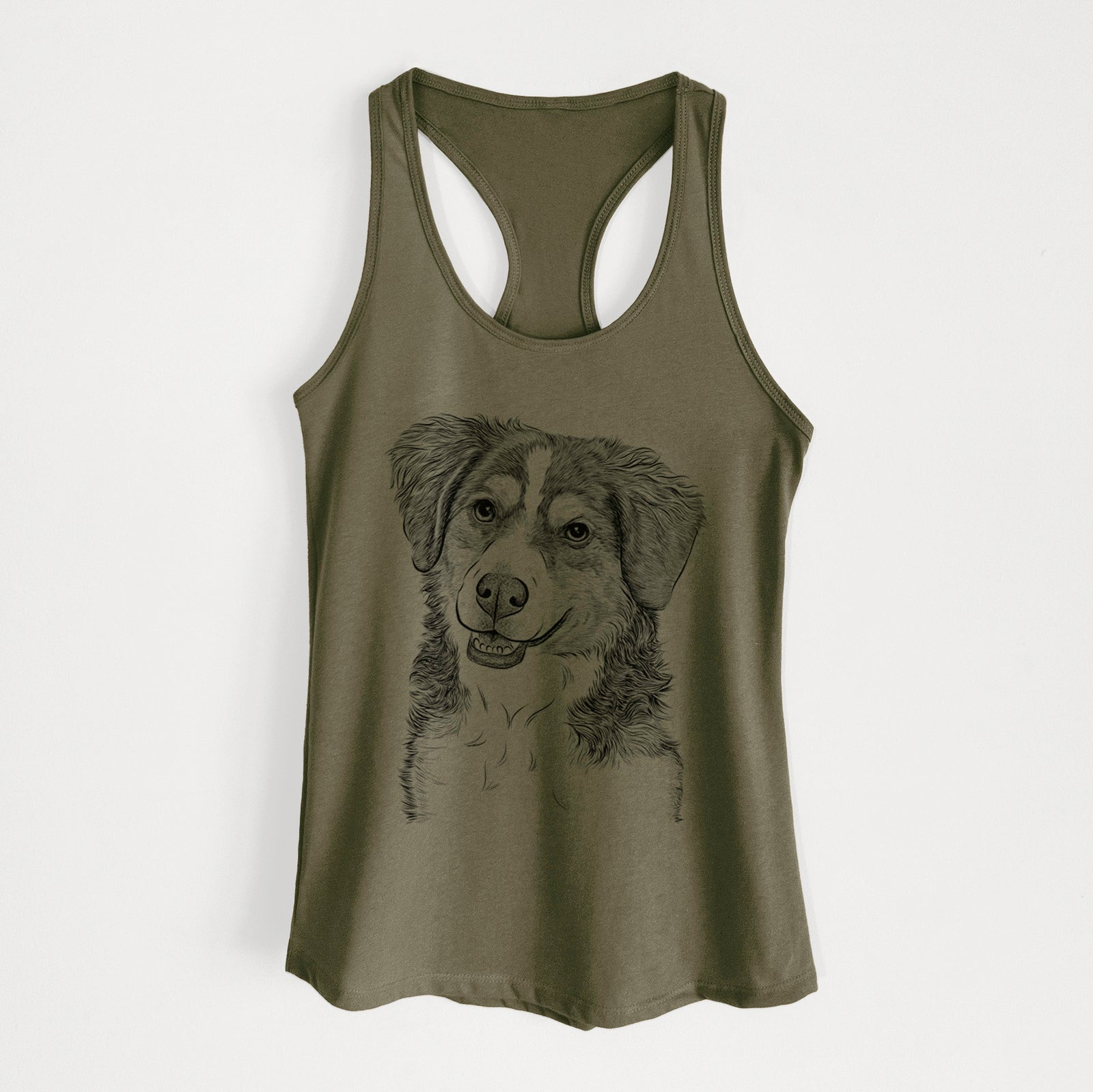 Hand-drawn sketch of Molly the Miniature Bernedoodle on a Military Green Women's racerback tanktop