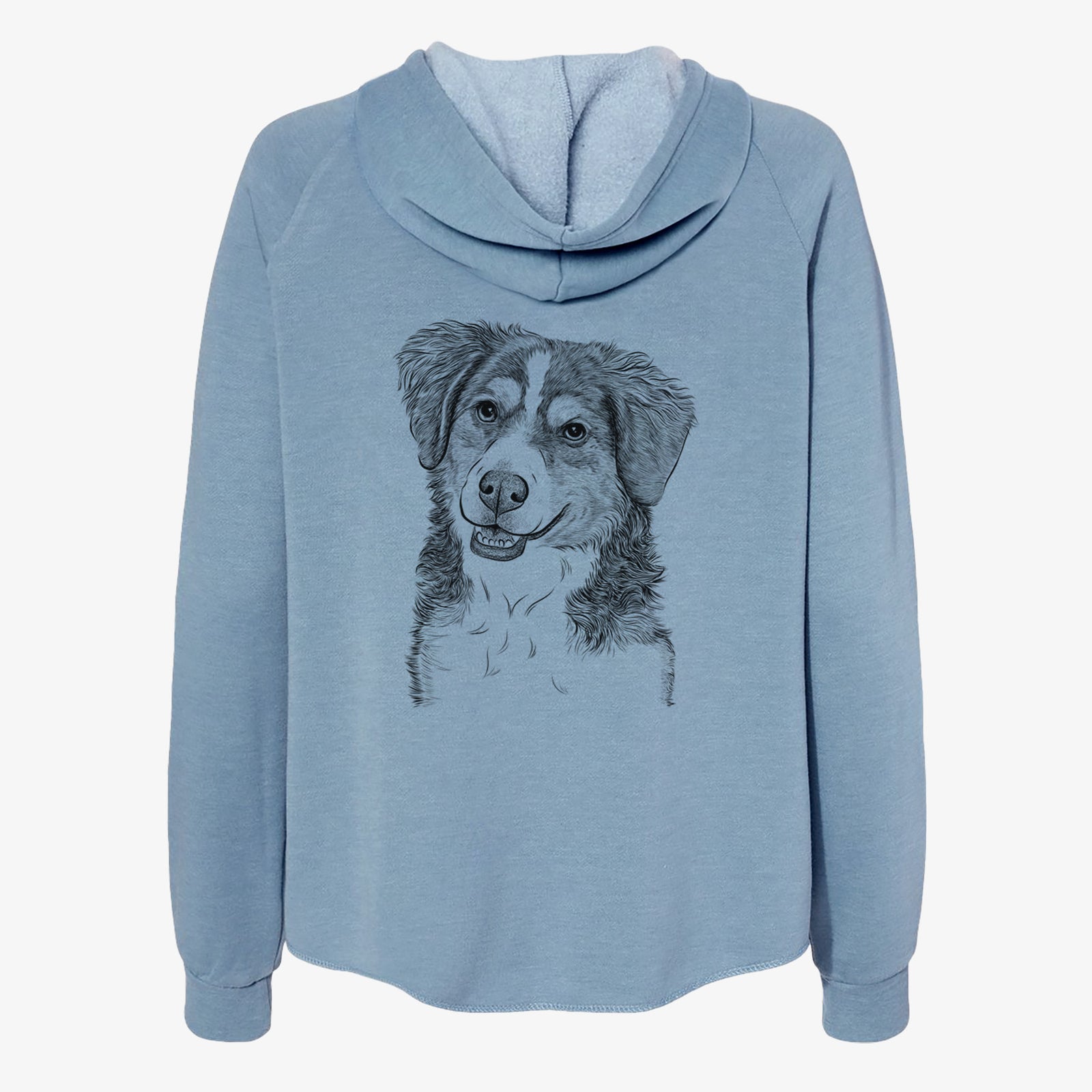 Hand-drawn sketch of Molly the Miniature Bernedoodle on a Misty Blue Women's cali wave zip-up sweatshirt