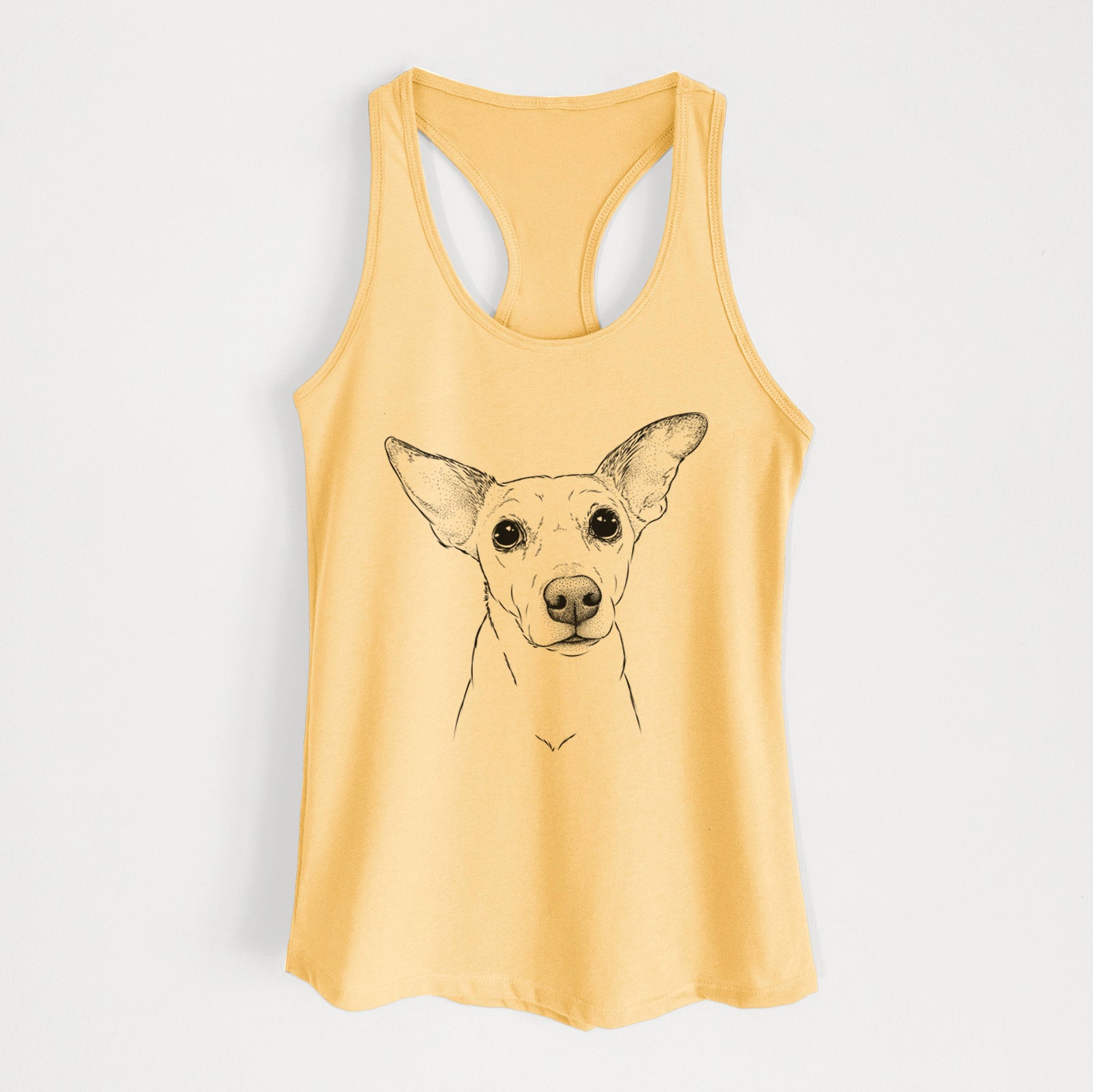 Hand-drawn sketch of Molly the Jack Russell Terrier on a Banana Cream Women's racerback tanktop