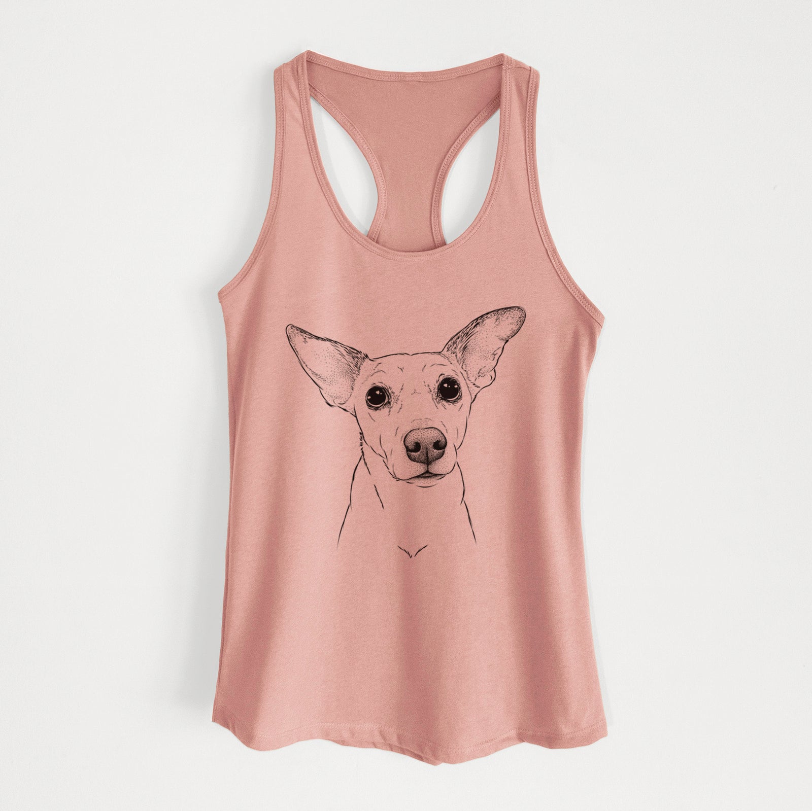 Hand-drawn sketch of Molly the Jack Russell Terrier on a Desert Pink Women's racerback tanktop