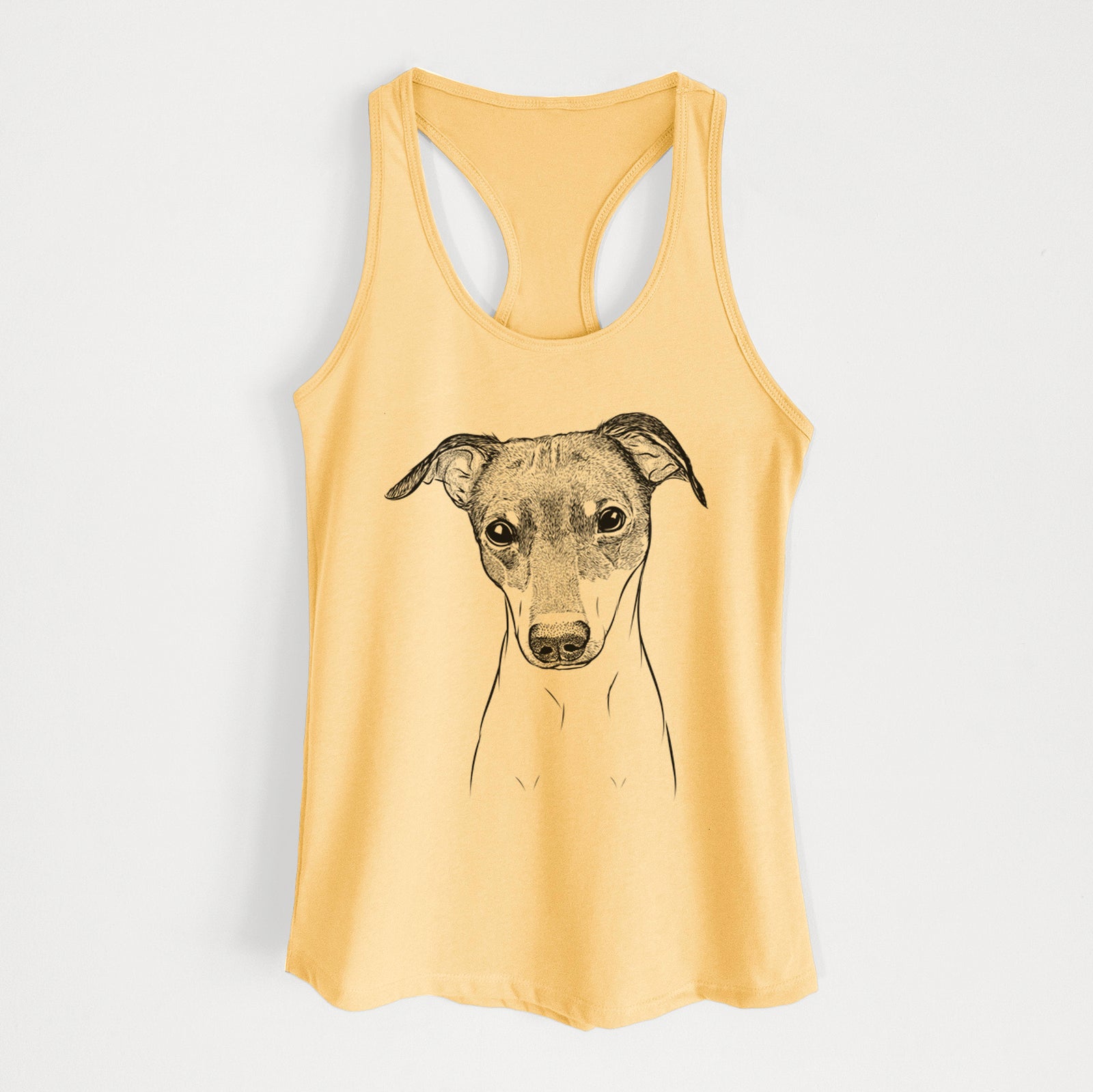 Hand-drawn sketch of Momo the Japanese Terrier on a Banana Cream Women's racerback tanktop