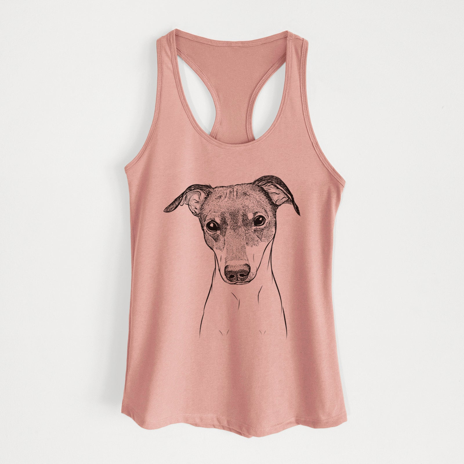 Hand-drawn sketch of Momo the Japanese Terrier on a Desert Pink Women's racerback tanktop