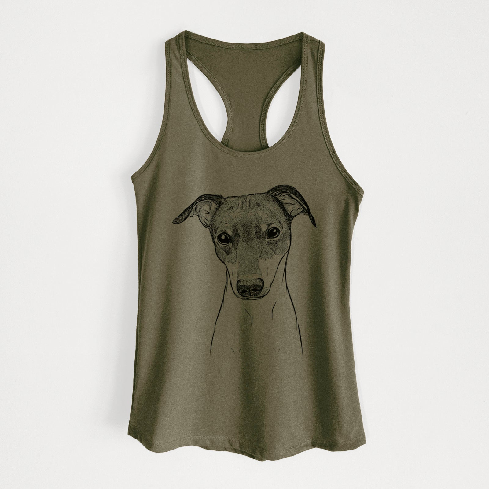 Hand-drawn sketch of Momo the Japanese Terrier on a Military Green Women's racerback tanktop