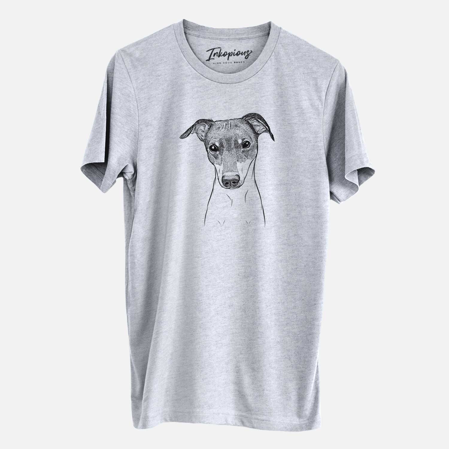 Hand-drawn sketch of Momo the Japanese Terrier on a Grey Unisex crewneck
