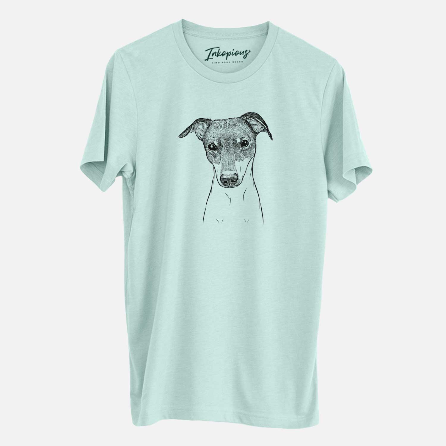 Hand-drawn sketch of Momo the Japanese Terrier on a Heather Sage Unisex crewneck