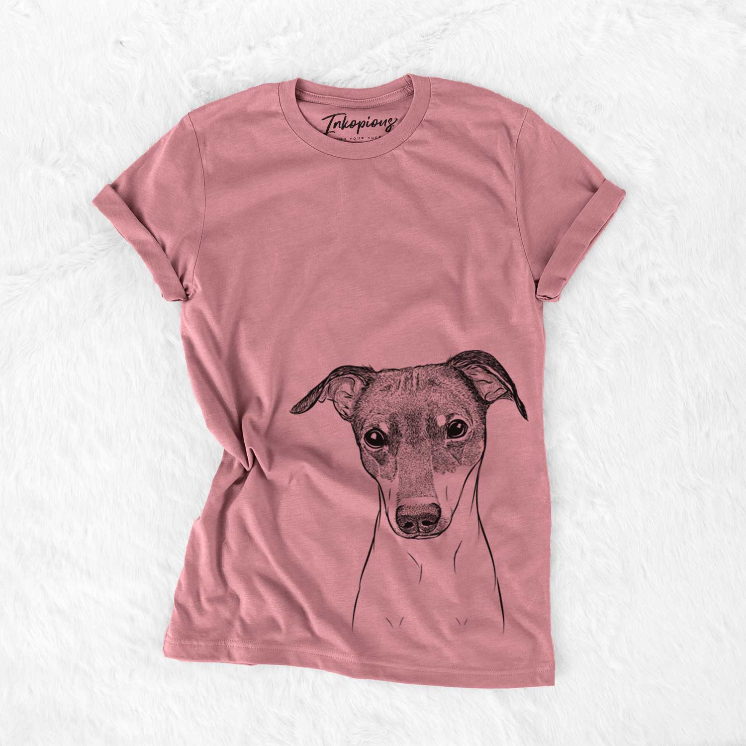 Hand-drawn sketch of Momo the Japanese Terrier on a Mauve Unisex crewneck