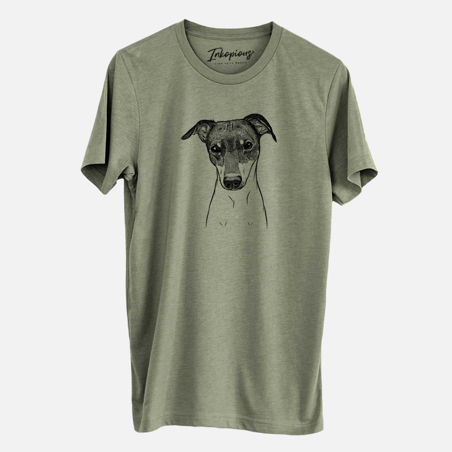 Hand-drawn sketch of Momo the Japanese Terrier on an Olive Unisex crewneck