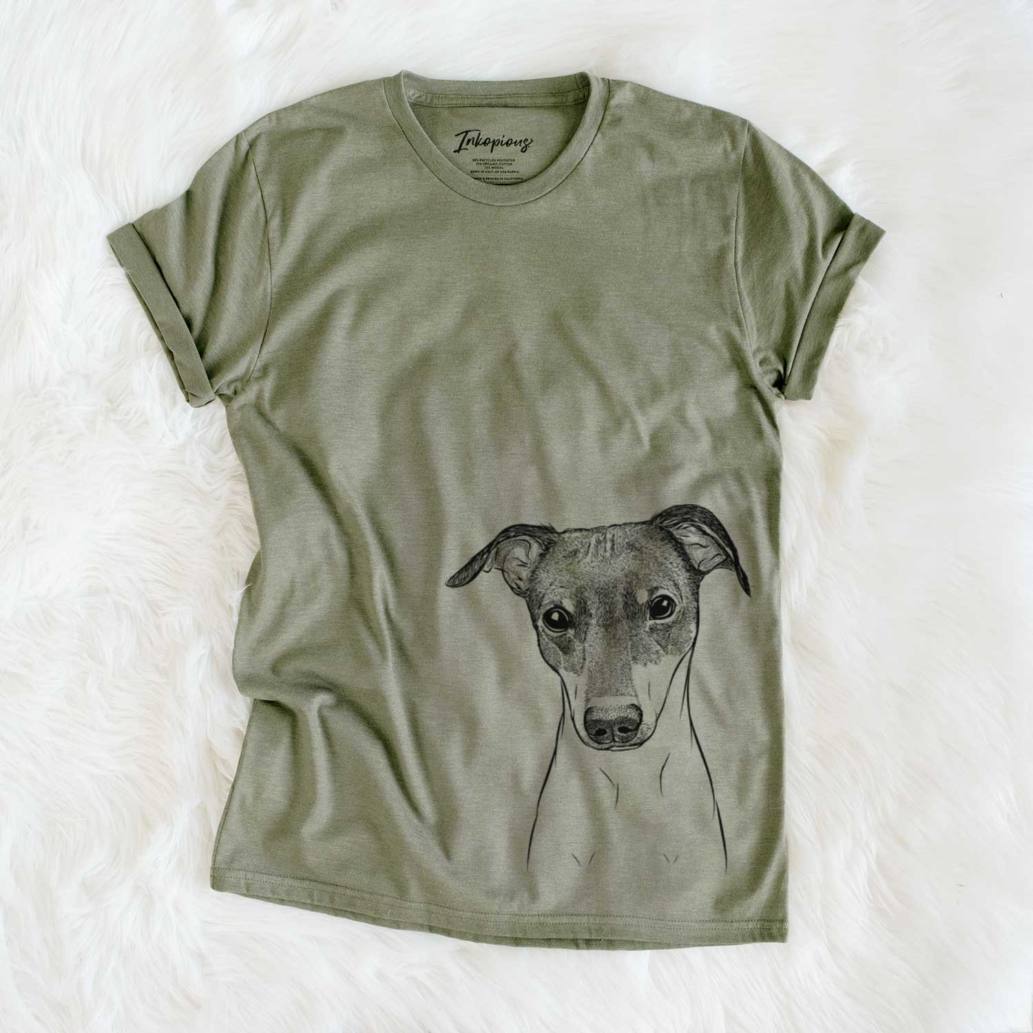 Hand-drawn sketch of Momo the Japanese Terrier on an Olive Unisex crewneck