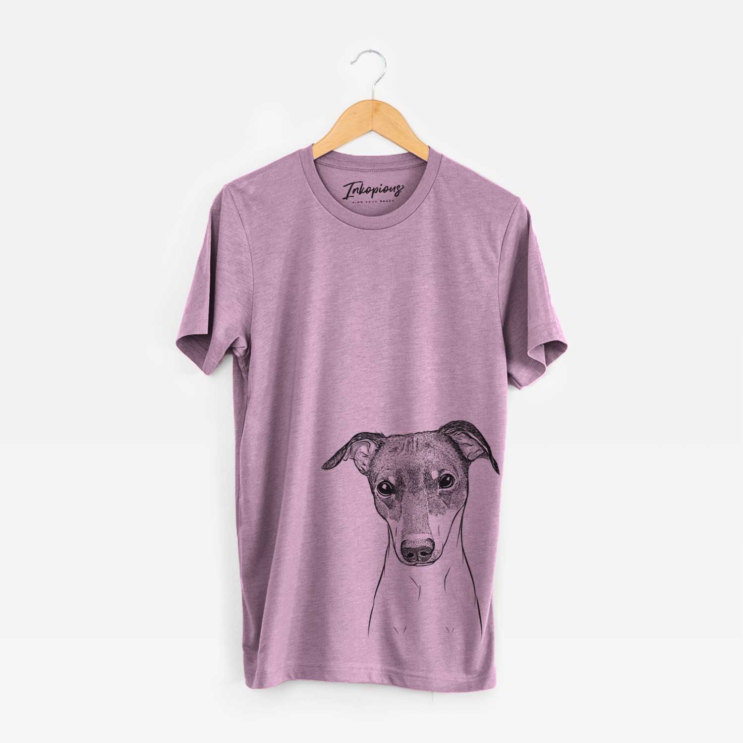 Hand-drawn sketch of Momo the Japanese Terrier on an Orchid Unisex crewneck