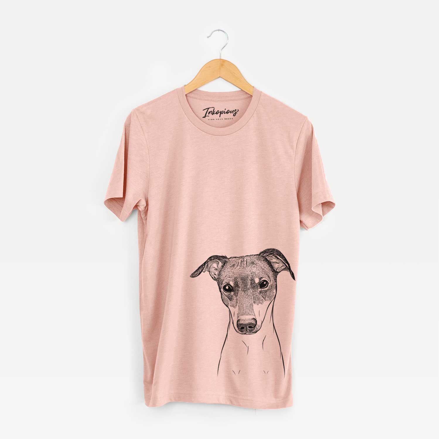 Hand-drawn sketch of Momo the Japanese Terrier on a Peach Unisex crewneck