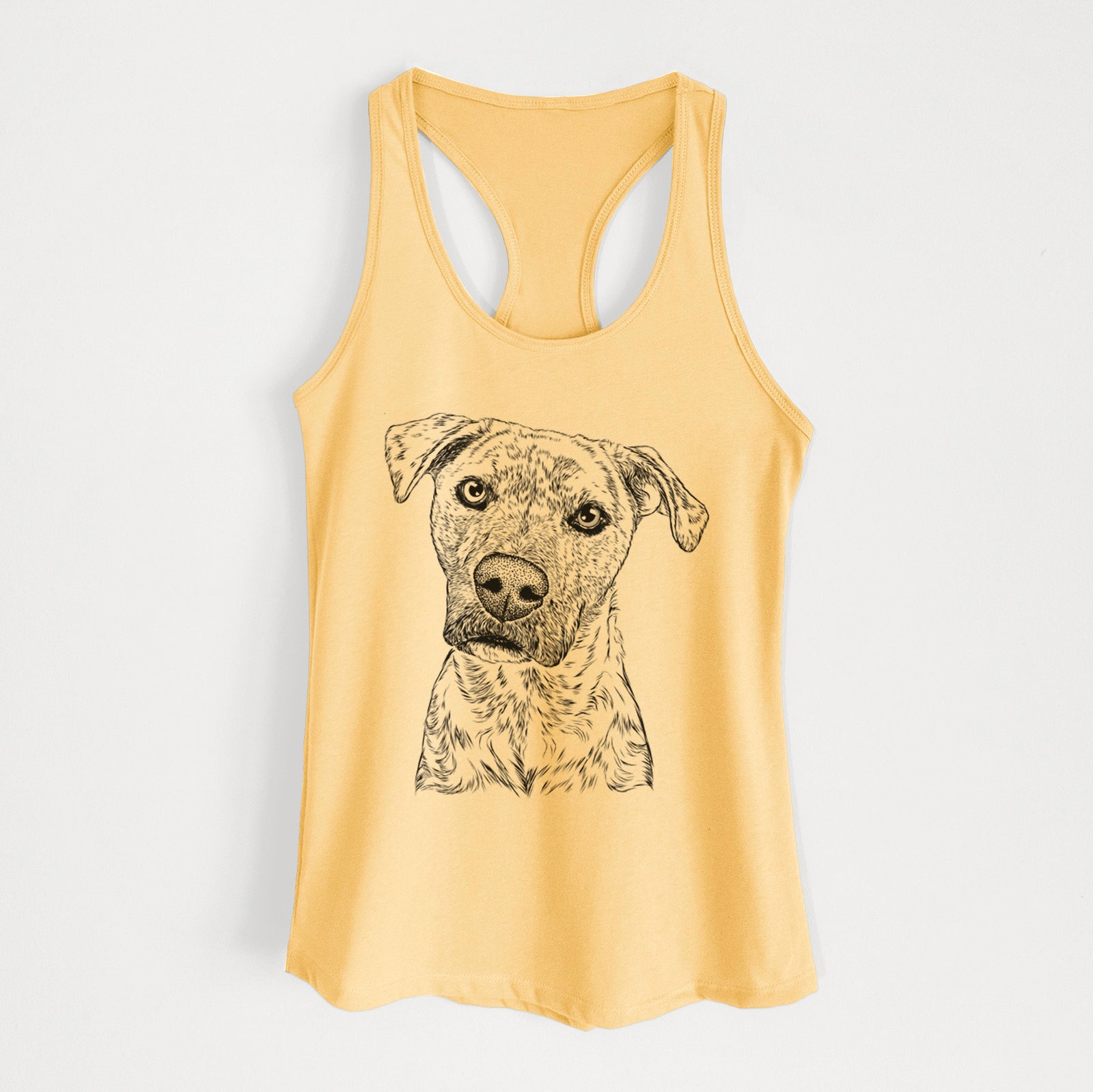 Hand-drawn sketch of Monster Baby the Pitbull Mix on a Banana Cream Women's racerback tanktop