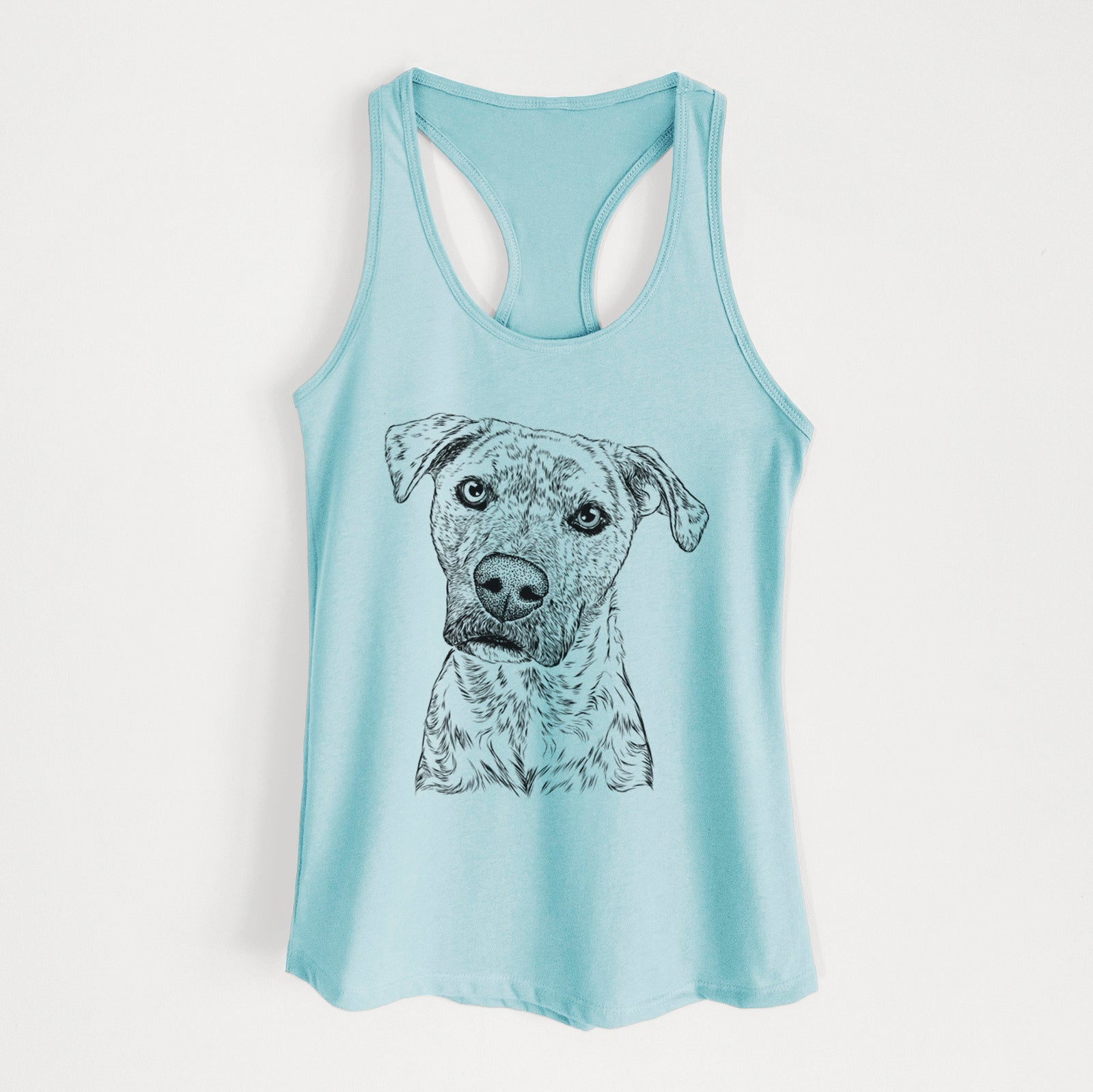 Hand-drawn sketch of Monster Baby the Pitbull Mix on a Cancun Blue Women's racerback tanktop