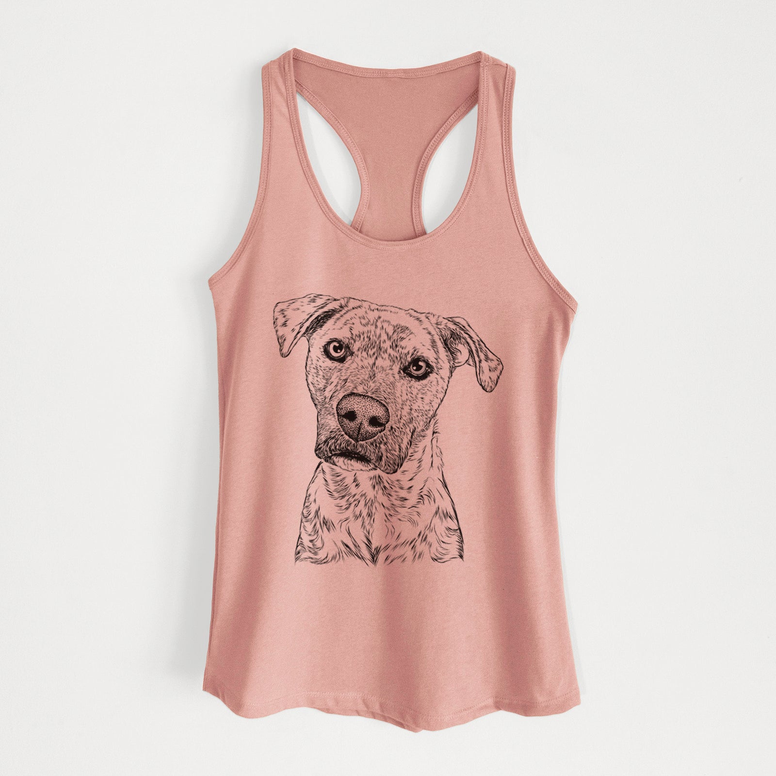 Hand-drawn sketch of Monster Baby the Pitbull Mix on a Desert Pink Women's racerback tanktop