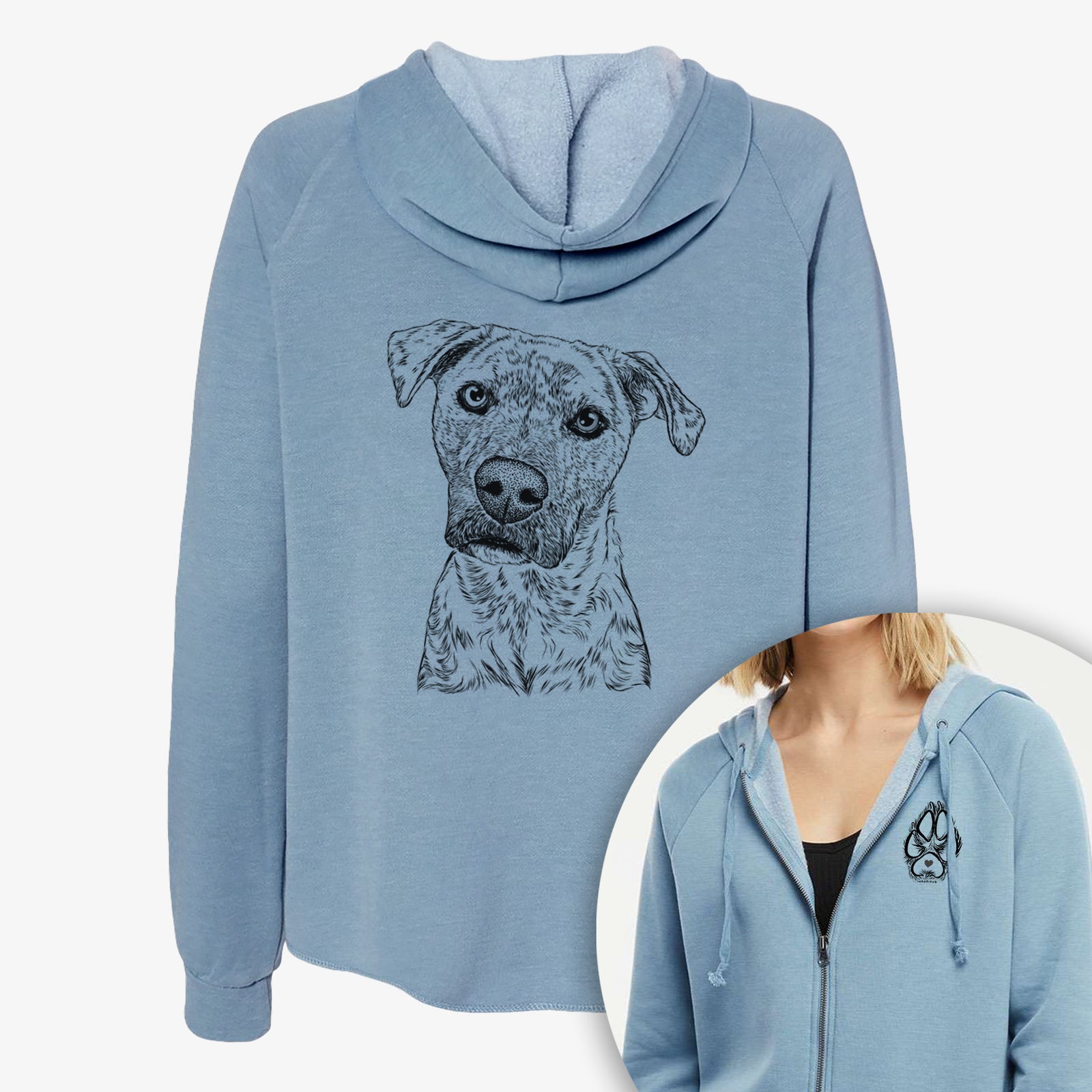 Hand-drawn sketch of Monster Baby the Pitbull Mix on a Women's cali wave zip-up sweatshirt, shown with icons of the other available costume styles