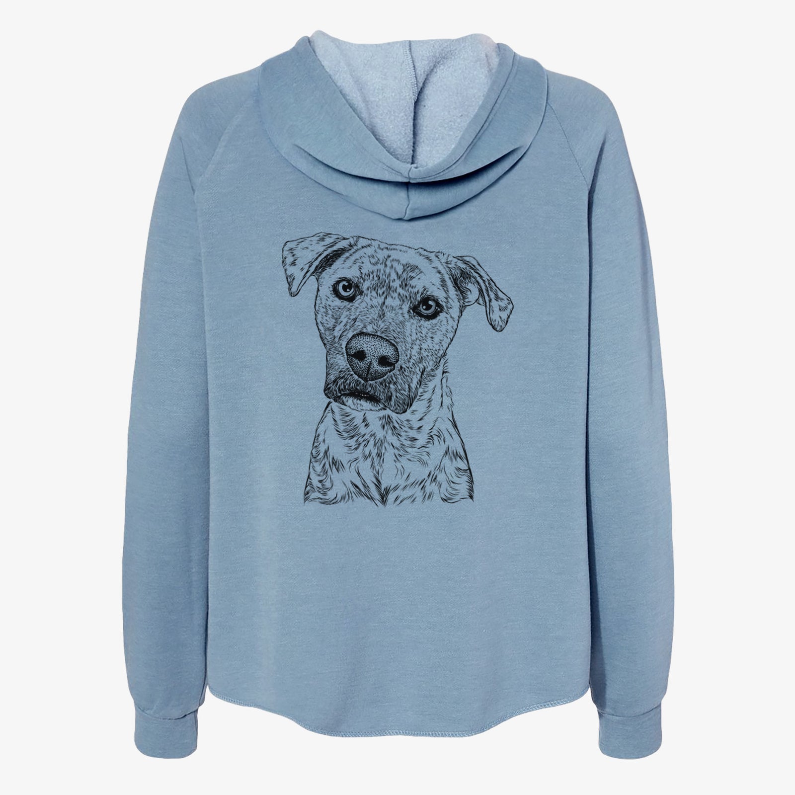 Hand-drawn sketch of Monster Baby the Pitbull Mix on a Misty Blue Women's cali wave zip-up sweatshirt
