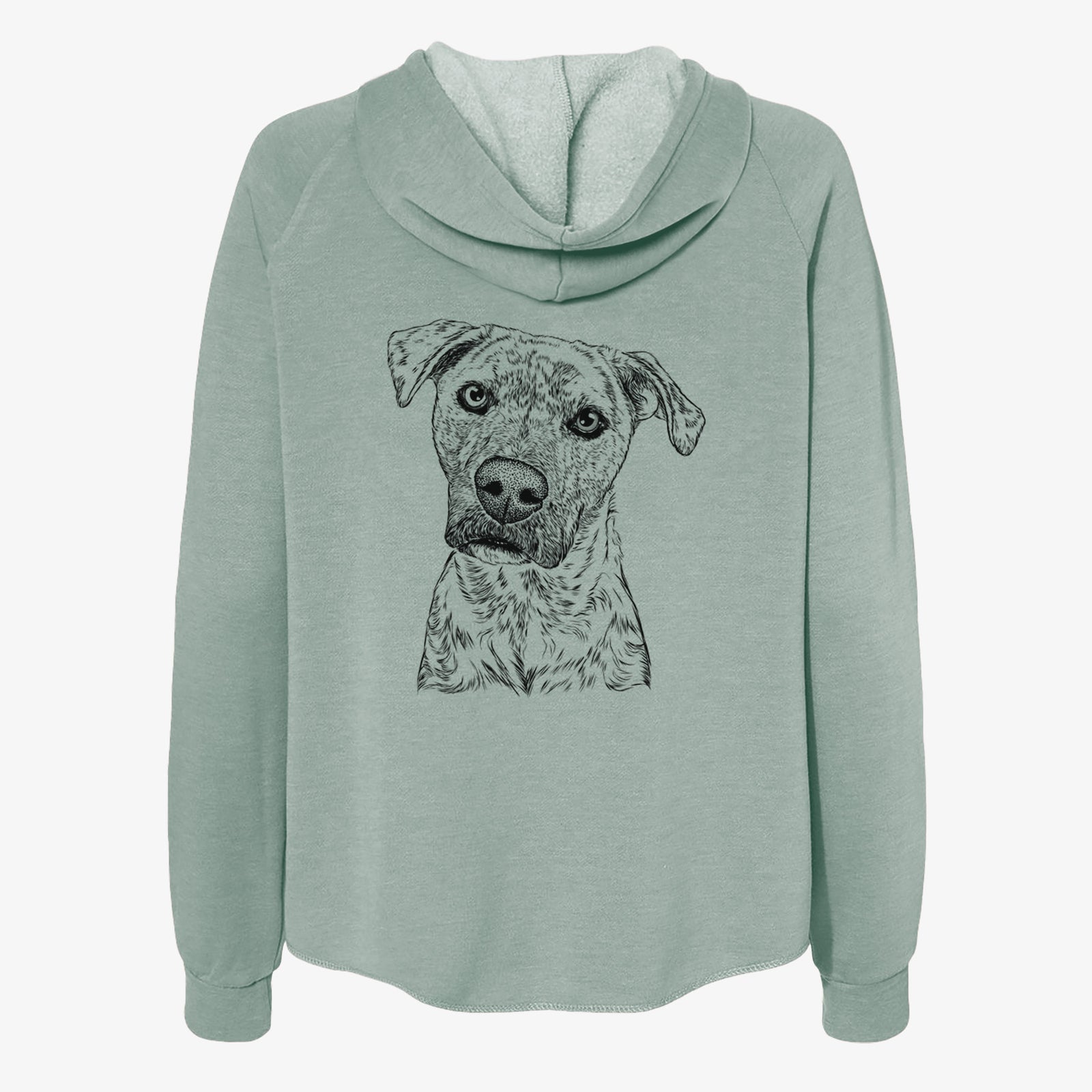 Hand-drawn sketch of Monster Baby the Pitbull Mix on a Sage Women's cali wave zip-up sweatshirt