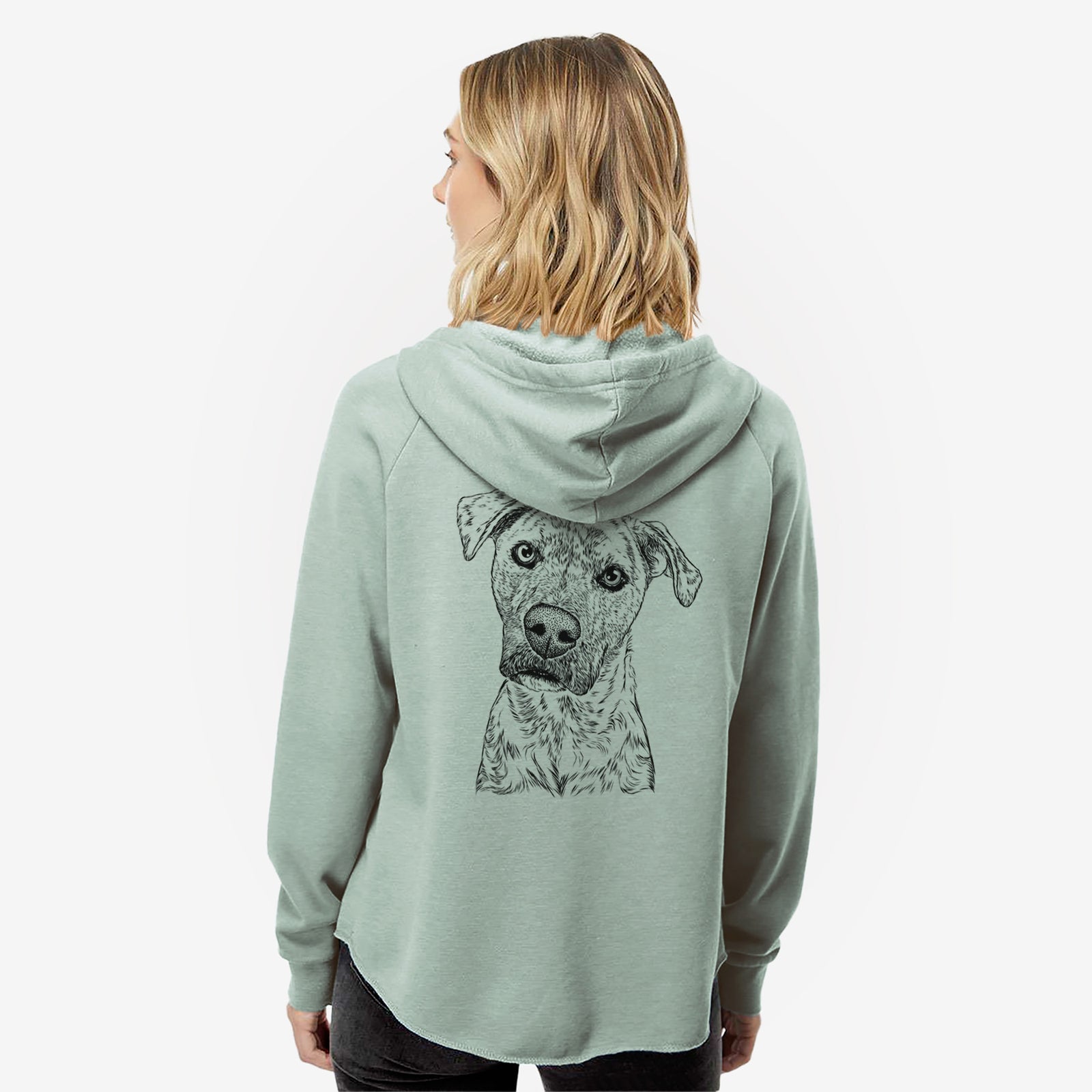 Hand-drawn sketch of Monster Baby the Pitbull Mix on a Sage Women's cali wave zip-up sweatshirt
