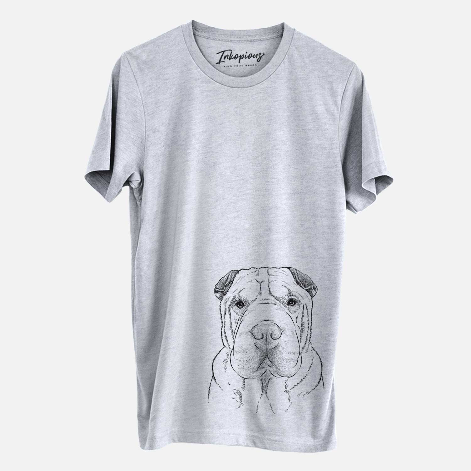 Hand-drawn sketch of Moomers the Shar Pei on a Grey Unisex crewneck