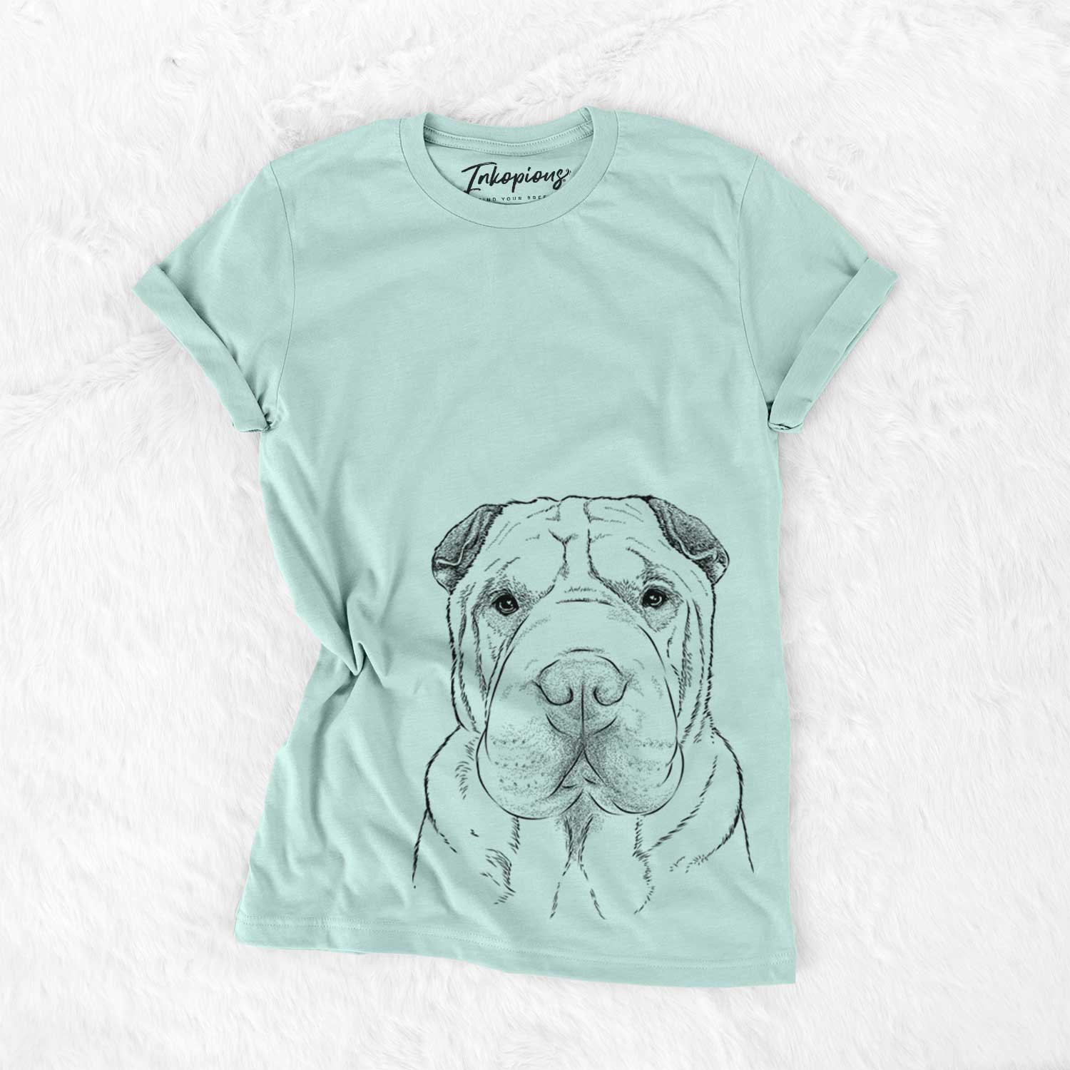 Hand-drawn sketch of Moomers the Shar Pei on a Heather Sage Unisex crewneck