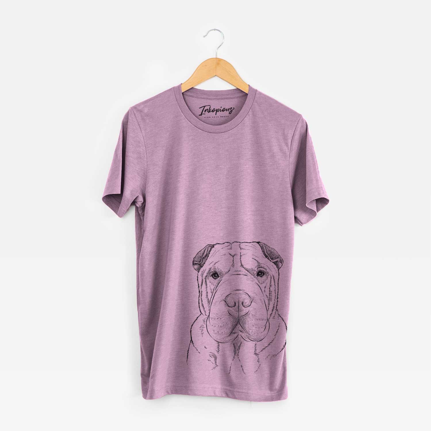 Hand-drawn sketch of Moomers the Shar Pei on an Orchid Unisex crewneck