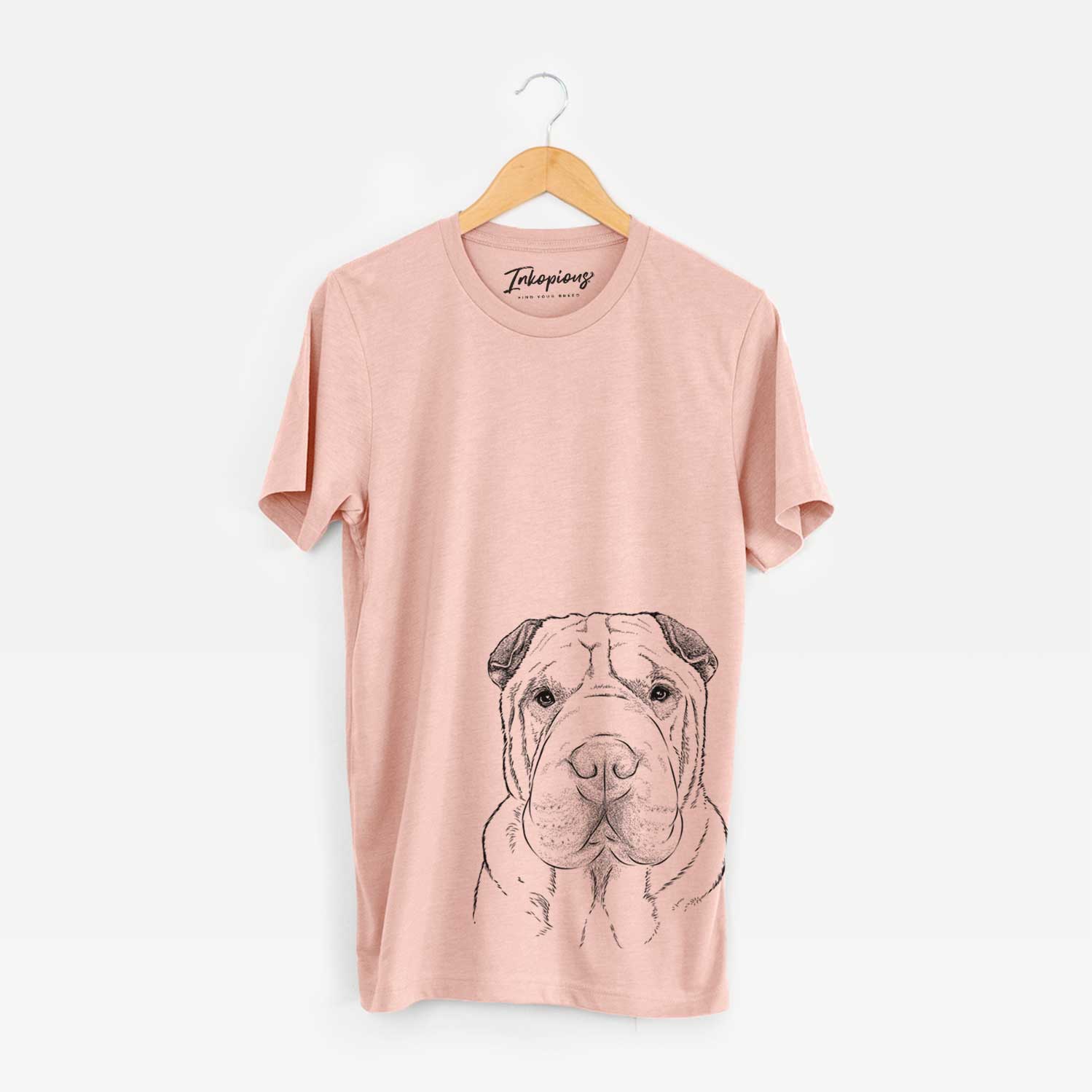 Hand-drawn sketch of Moomers the Shar Pei on a Peach Unisex crewneck