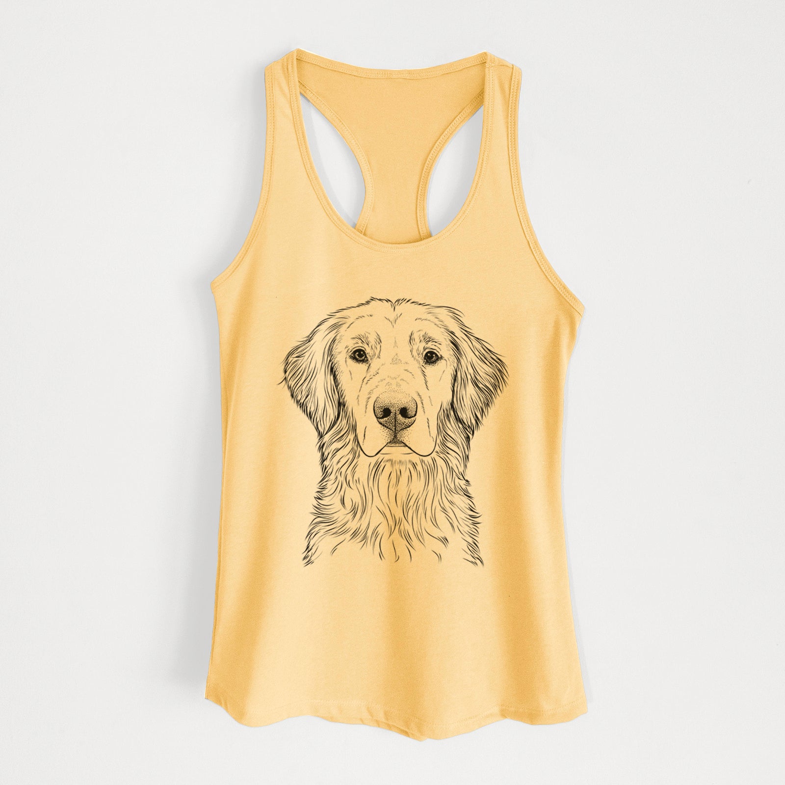 Hand-drawn sketch of Moose the Field Golden Retriever on a Banana Cream Women's racerback tanktop