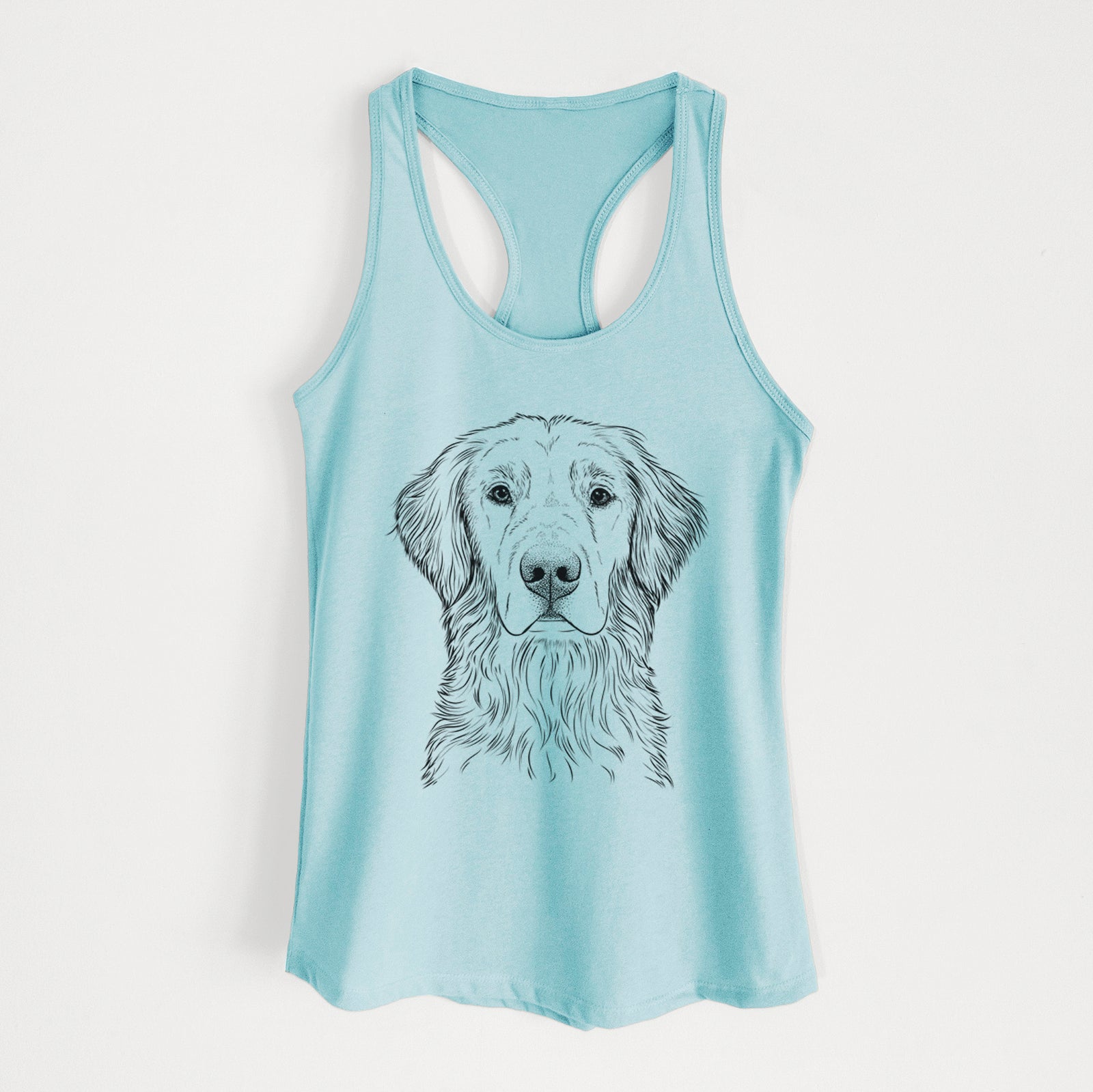 Hand-drawn sketch of Moose the Field Golden Retriever on a Cancun Blue Women's racerback tanktop