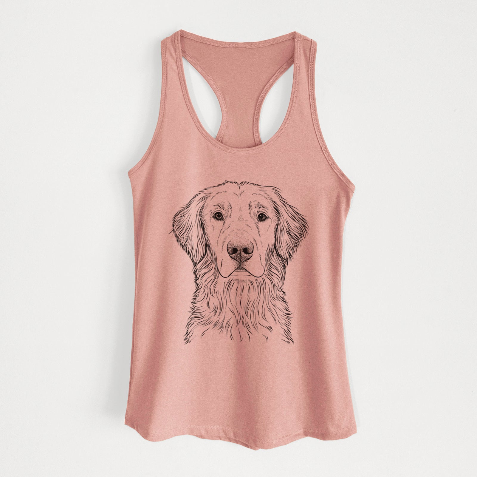 Hand-drawn sketch of Moose the Field Golden Retriever on a Desert Pink Women's racerback tanktop