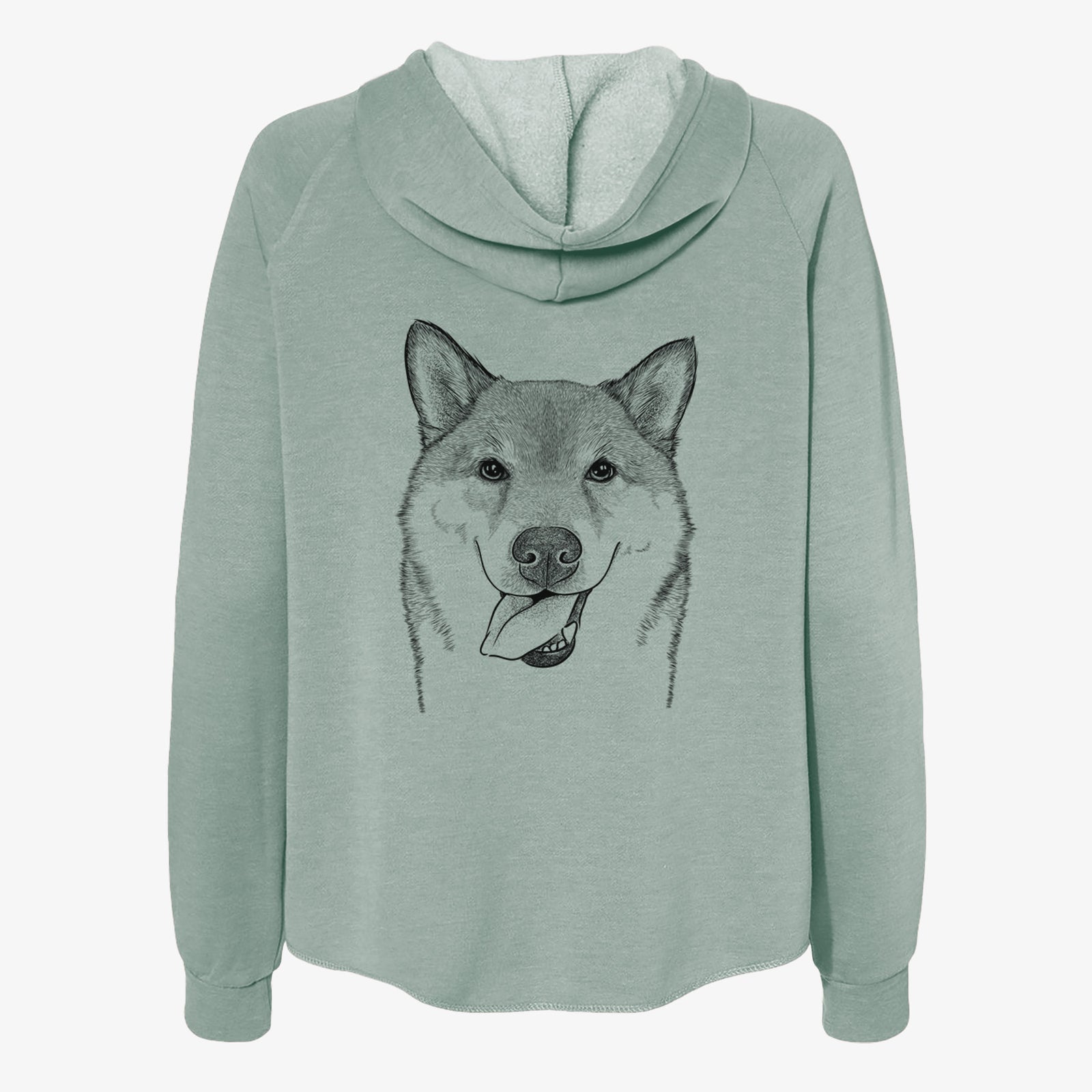 Hand-drawn sketch of Mothra the Shiba Inu on a Sage Women's cali wave zip-up sweatshirt