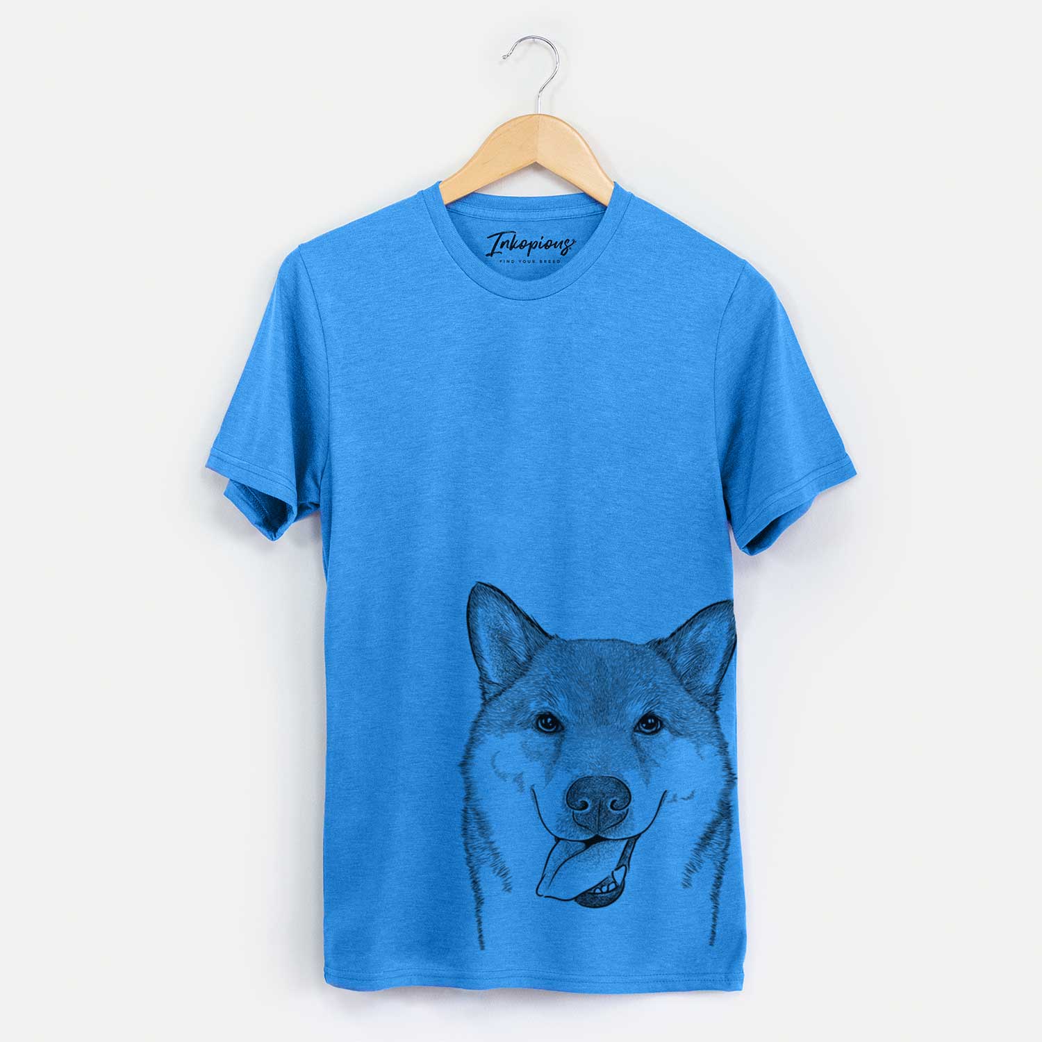 Hand-drawn sketch of Mothra the Shiba Inu on a Blue Unisex crewneck