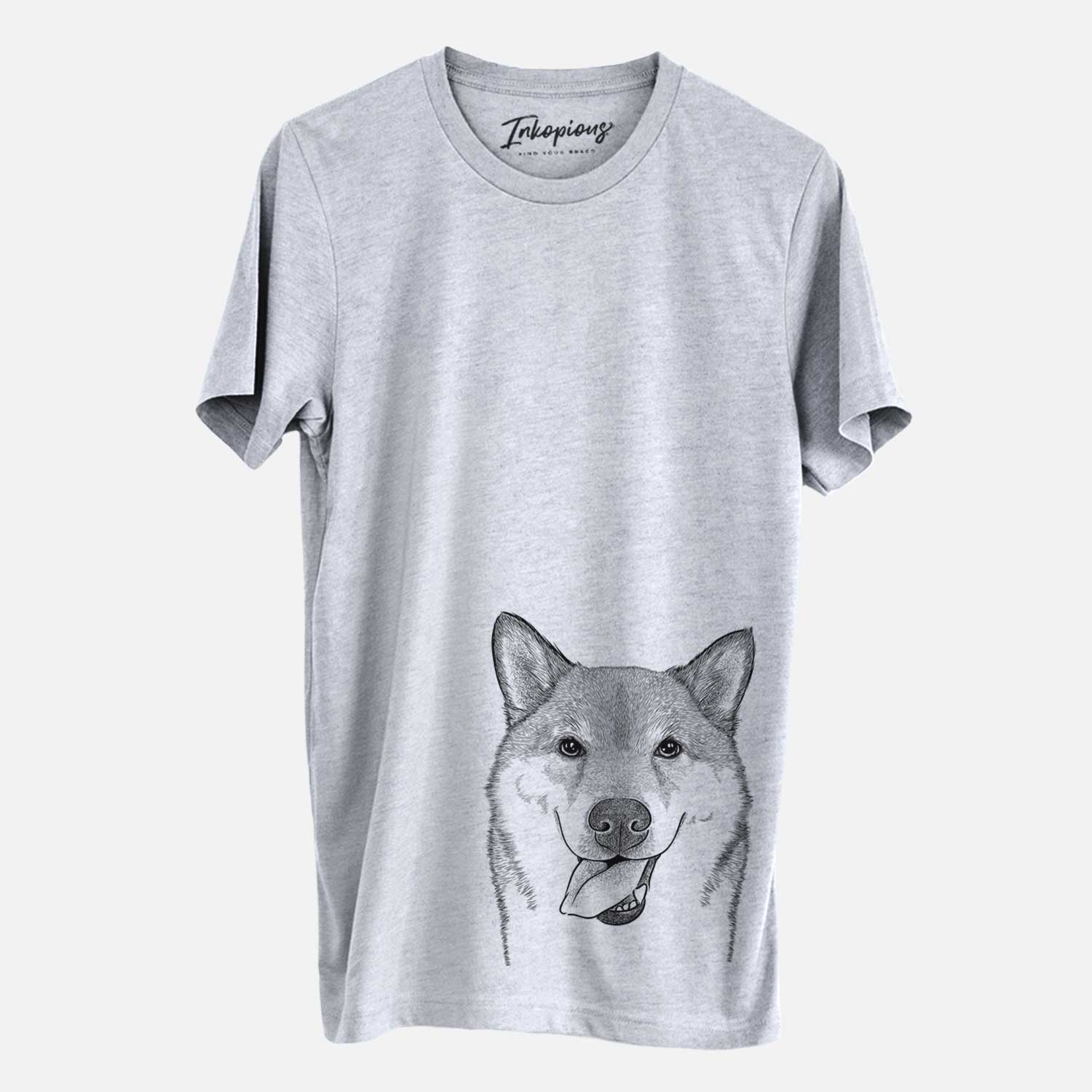Hand-drawn sketch of Mothra the Shiba Inu on a Grey Unisex crewneck