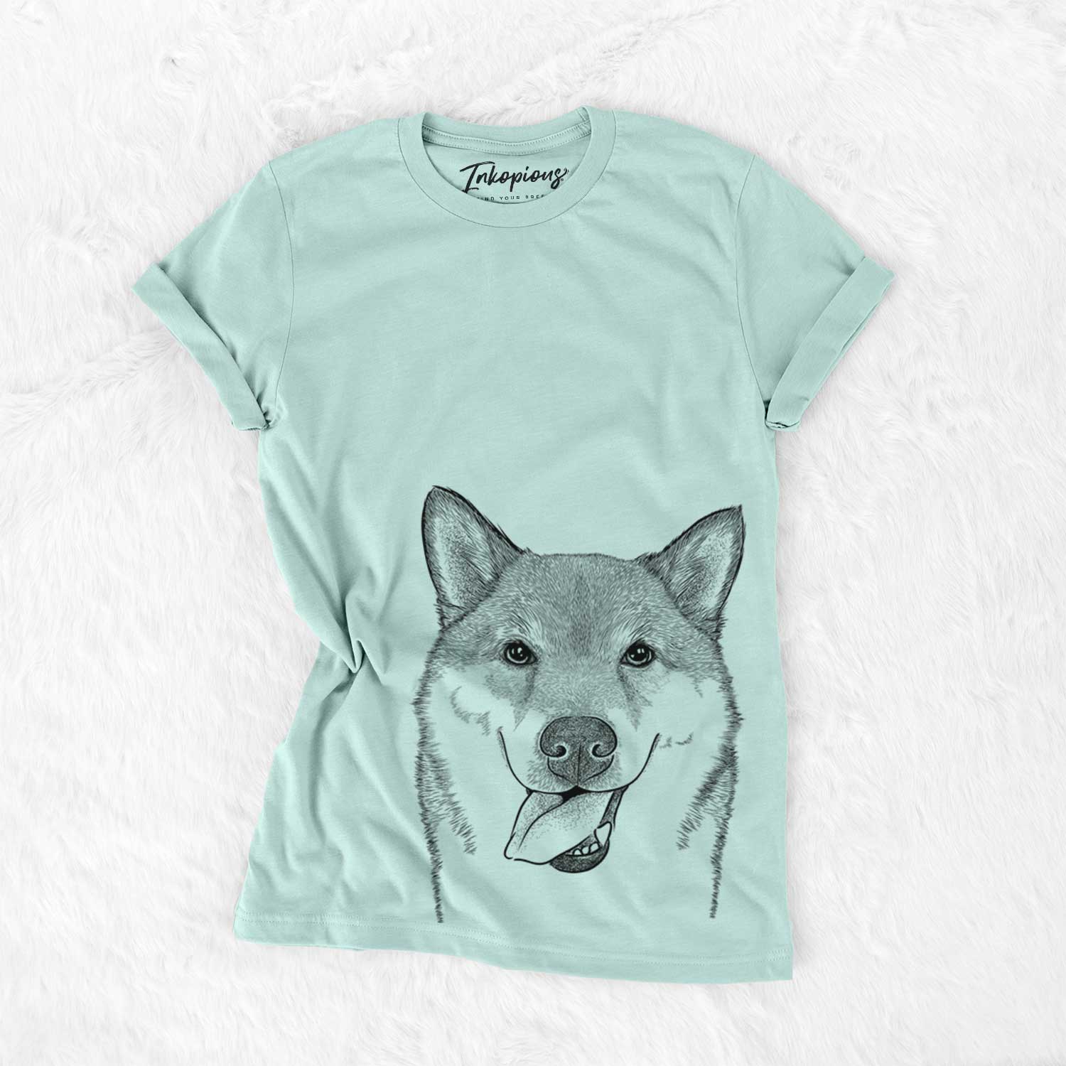 Hand-drawn sketch of Mothra the Shiba Inu on a Heather Sage Bella Canvas Unisex Crewneck
