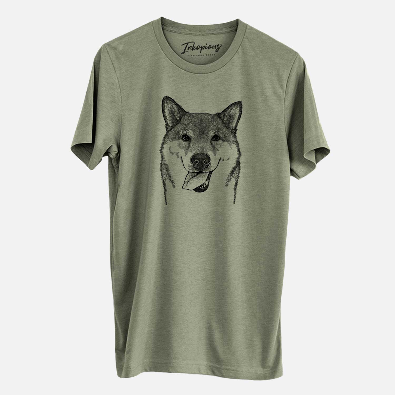 Hand-drawn sketch of Mothra the Shiba Inu on an Olive Unisex crewneck