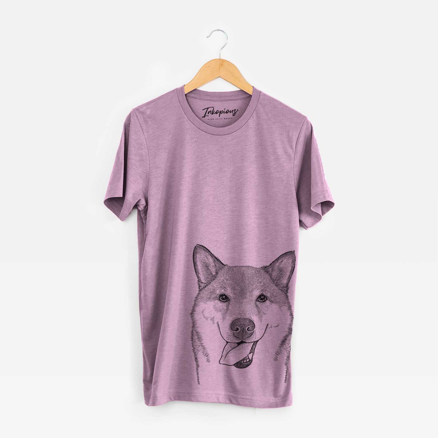 Hand-drawn sketch of Mothra the Shiba Inu on an Orchid Unisex crewneck