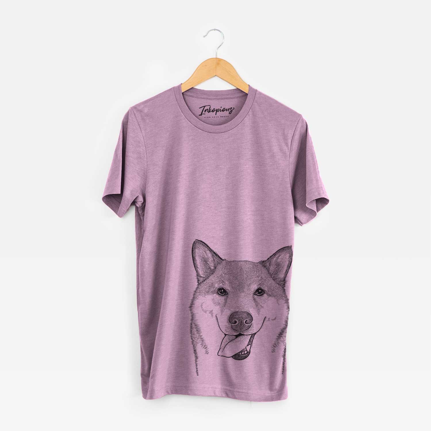 Hand-drawn sketch of Mothra the Shiba Inu on an Orchid Bella Canvas Unisex Crewneck