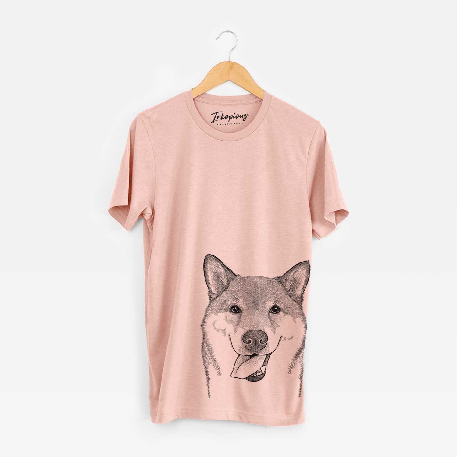 Hand-drawn sketch of Mothra the Shiba Inu on a Peach Bella Canvas Unisex Crewneck