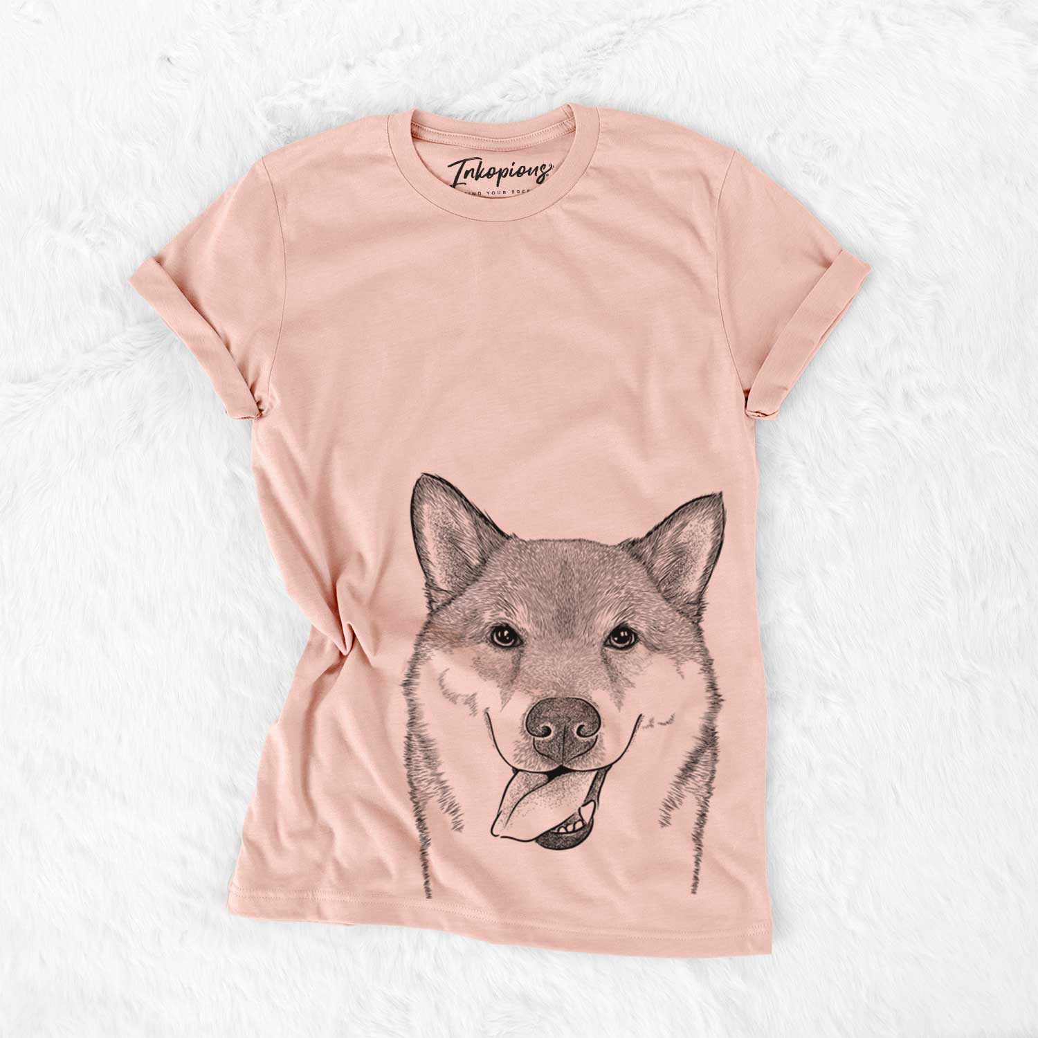 Hand-drawn sketch of Mothra the Shiba Inu on a Peach Bella Canvas Unisex Crewneck