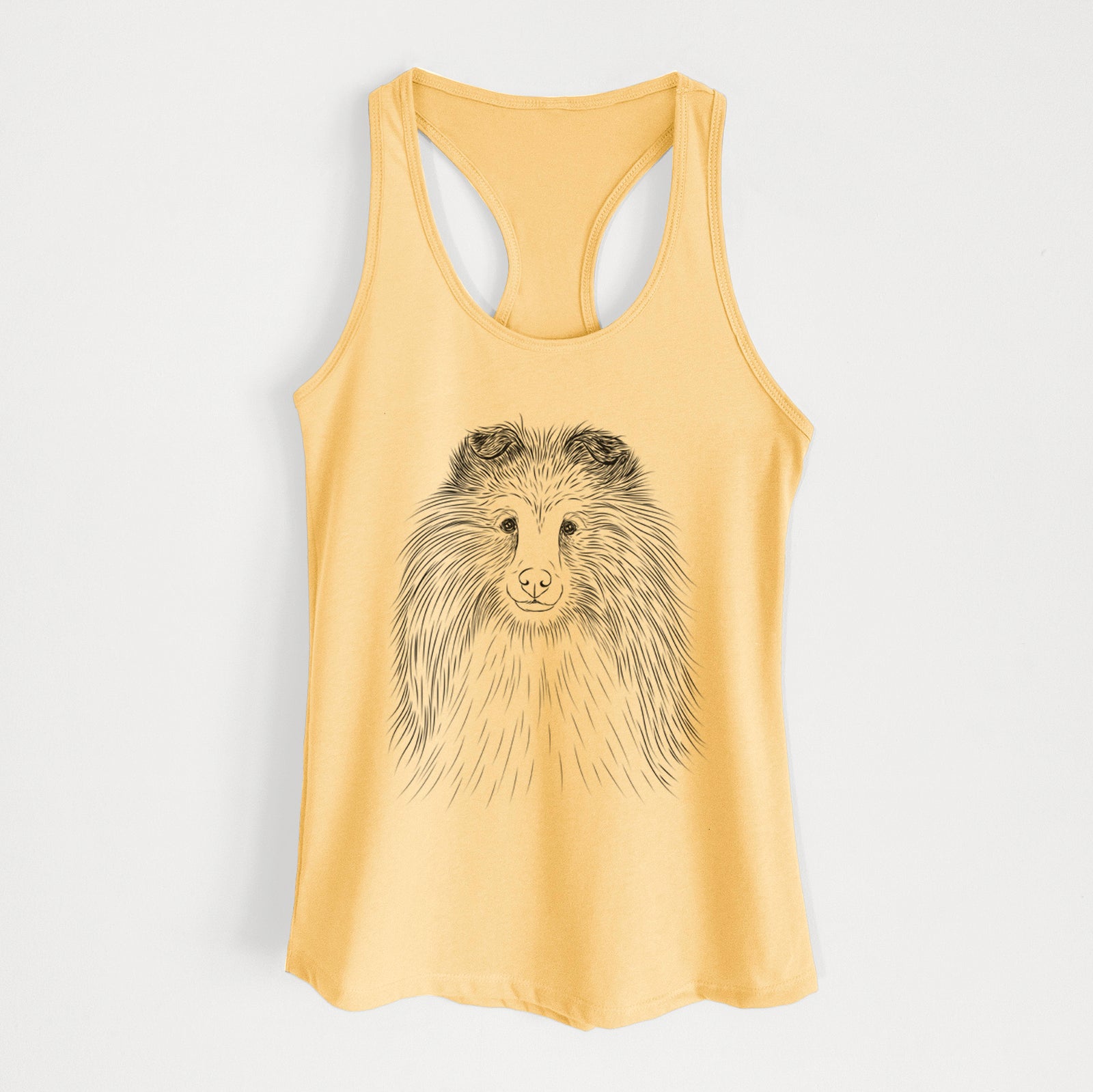 Hand-drawn sketch of Moxie the Shetland Sheepdog on a Banana Cream Women's racerback tanktop