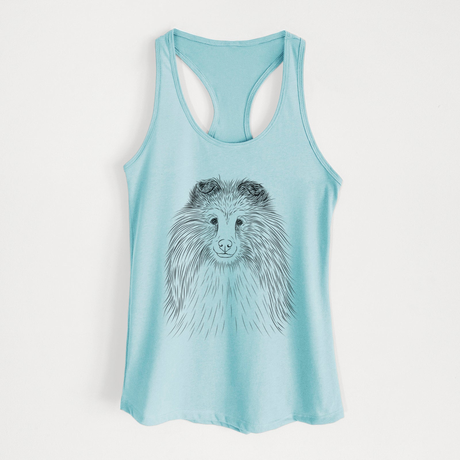 Hand-drawn sketch of Moxie the Shetland Sheepdog on a Cancun Blue Women's racerback tanktop