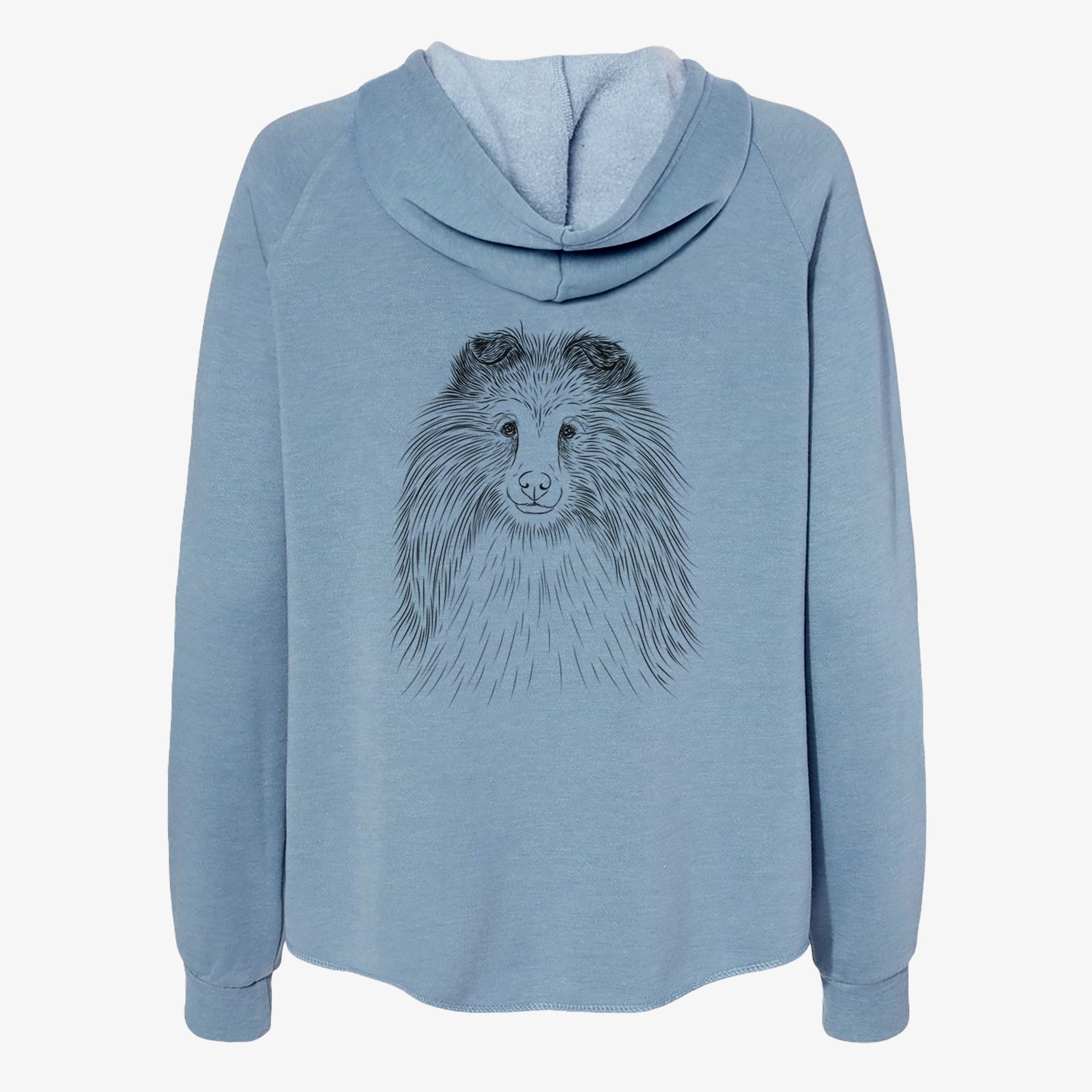 Hand-drawn sketch of Moxie the Shetland Sheepdog on a Misty Blue Women's cali wave zip-up sweatshirt