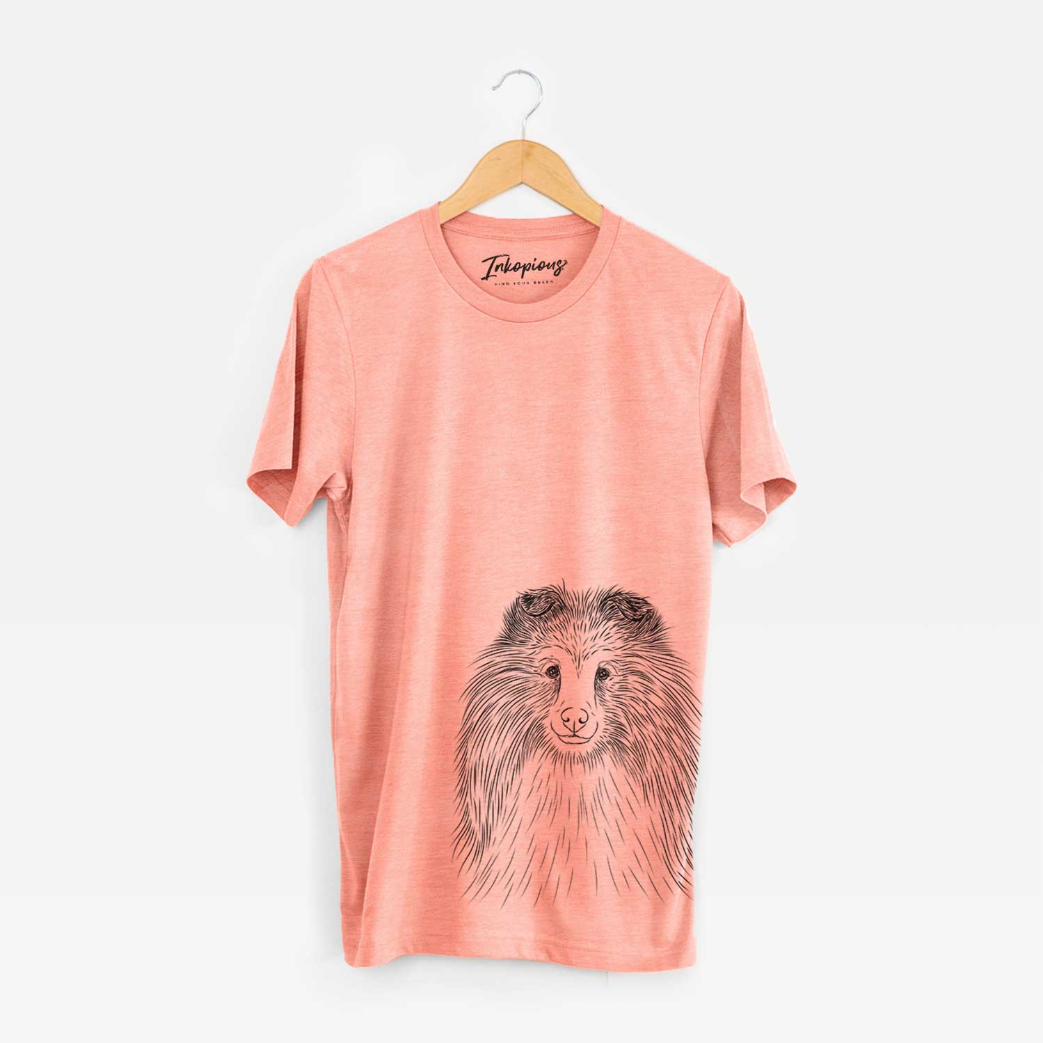Hand-drawn sketch of Moxie the Shetland Sheepdog on a Sunset Bella Canvas Unisex Crewneck