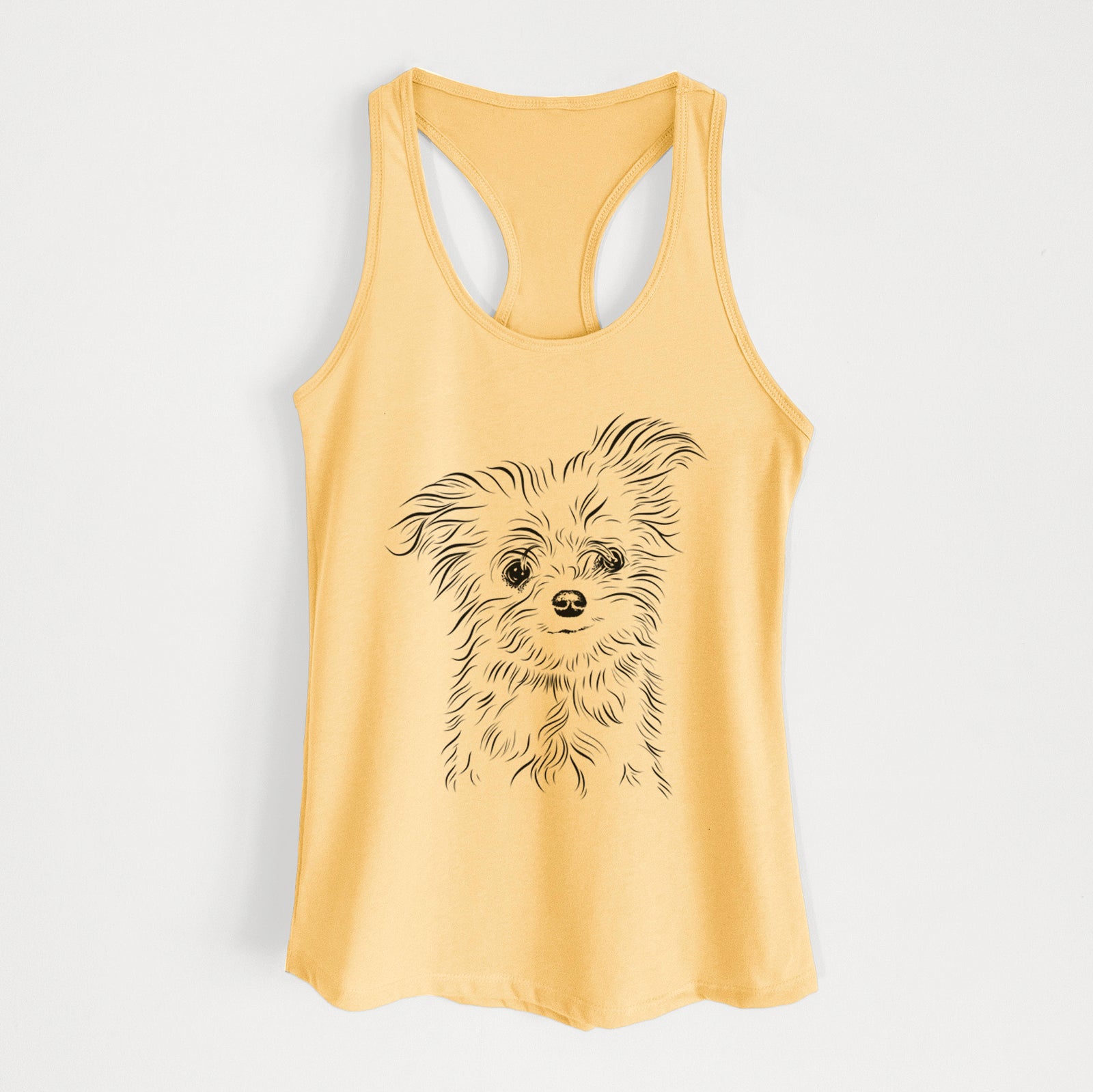 Hand-drawn sketch of Mr. Gucci Poochi the Maltese on a Banana Cream Women's racerback tanktop