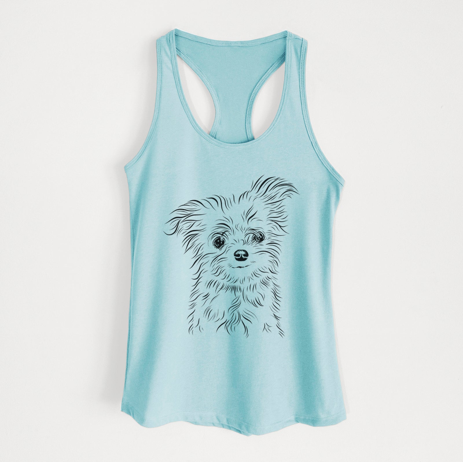 Hand-drawn sketch of Mr. Gucci Poochi the Maltese on a Cancun Blue Women's racerback tanktop